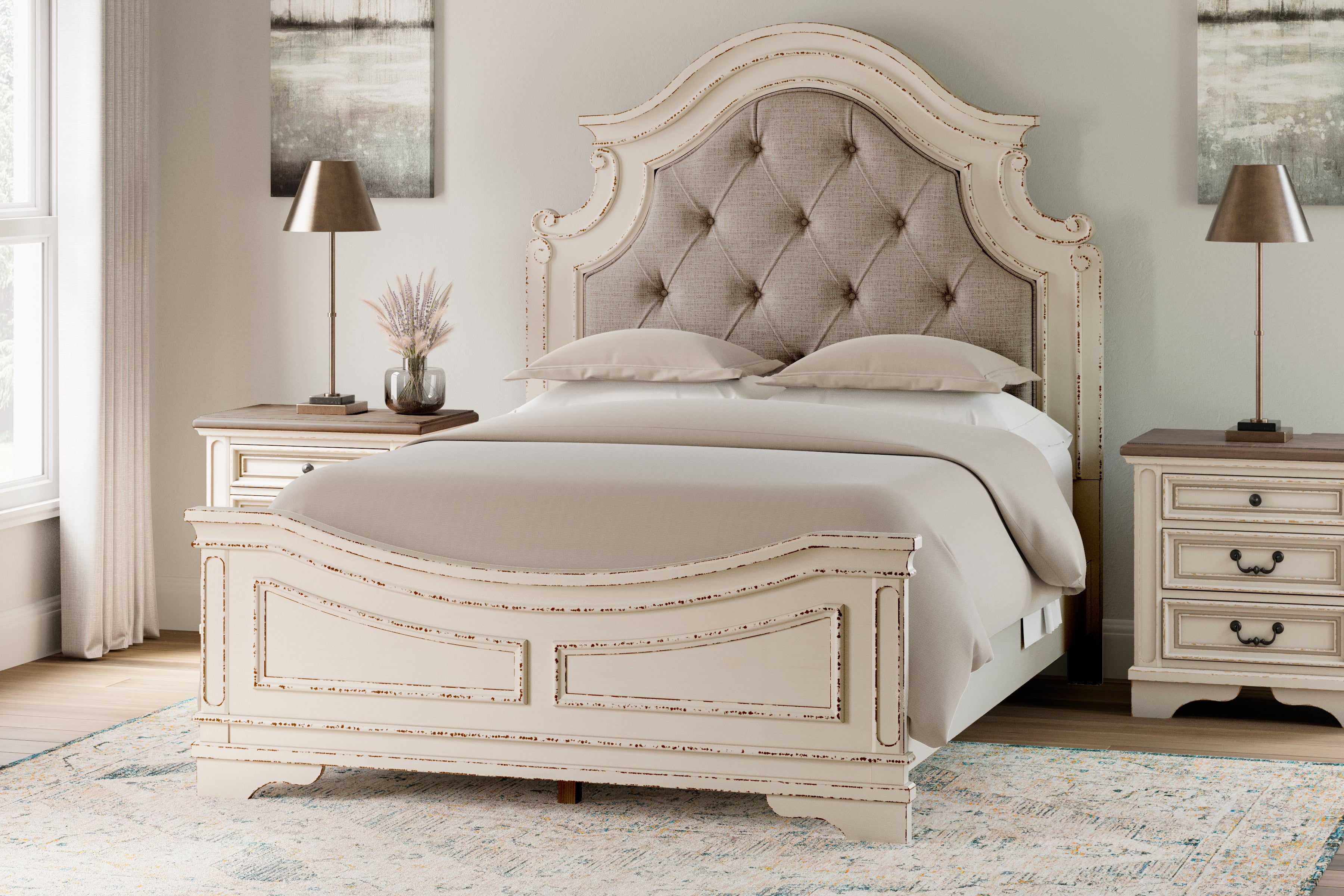 3 Brothers Decor - Ashley Furniture - Realyn Bedroom - Queen Upholstered Panel Bed / Chipped White - B743B2