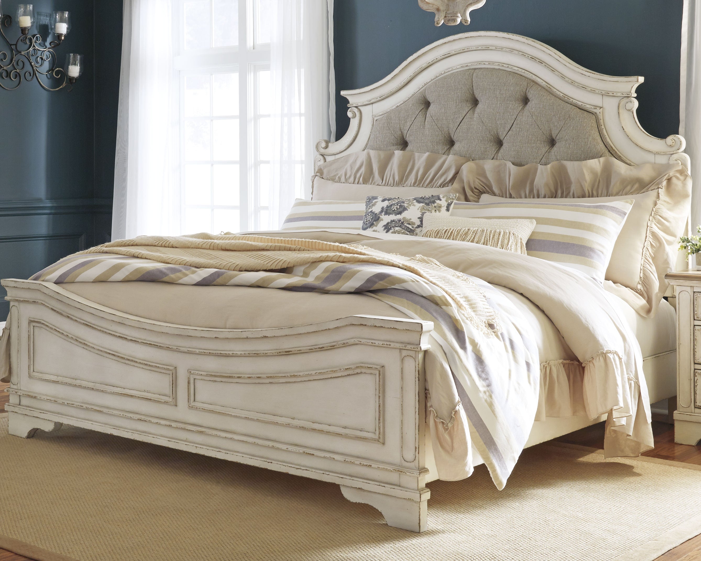 3 Brothers Decor - Ashley Furniture - Realyn Bedroom - King Upholstered Panel Bed / Chipped White - B743B6