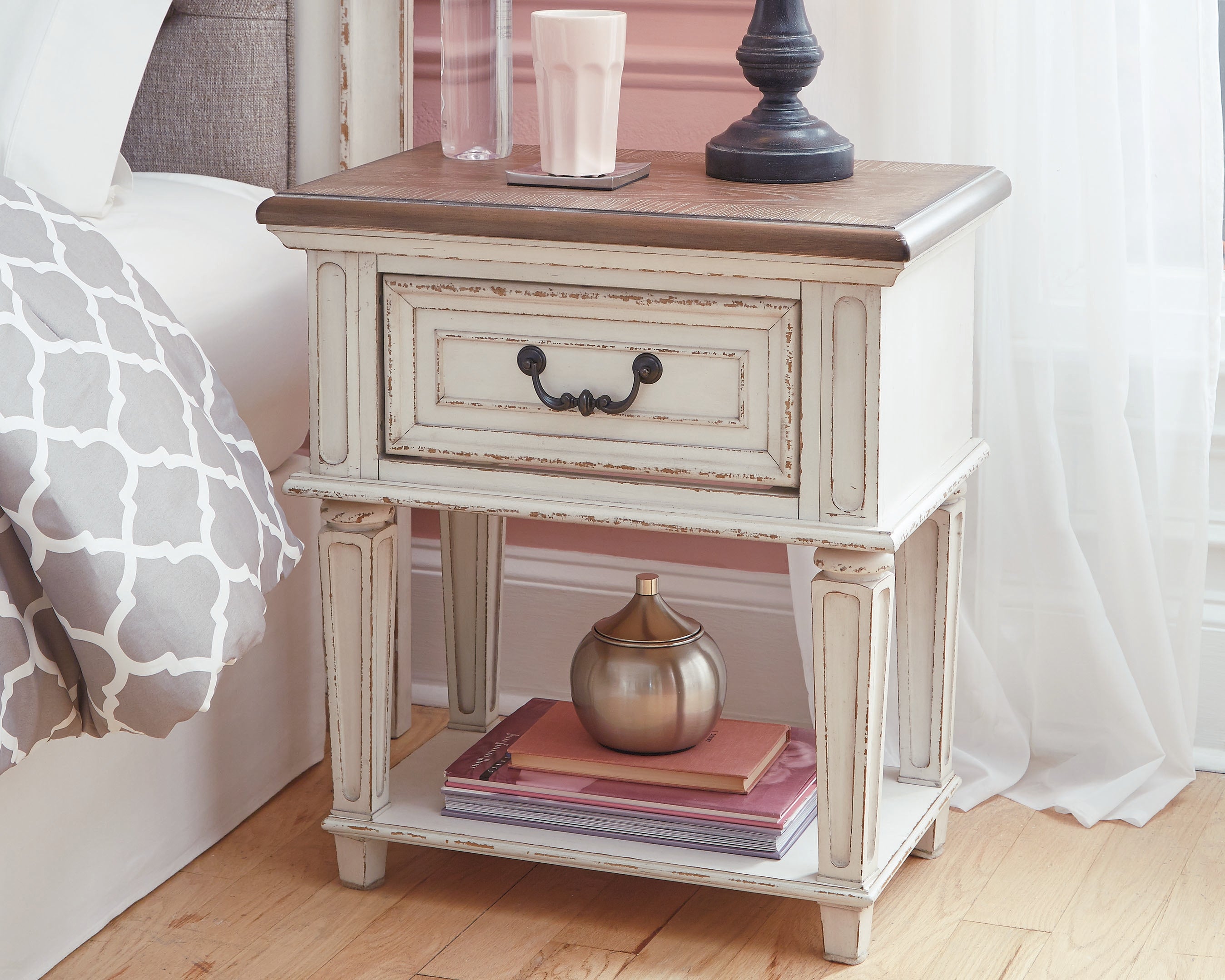 3 Brothers Decor - Ashley Furniture - Realyn Bedroom - One Drawer Night Stand / Chipped White - B743-91