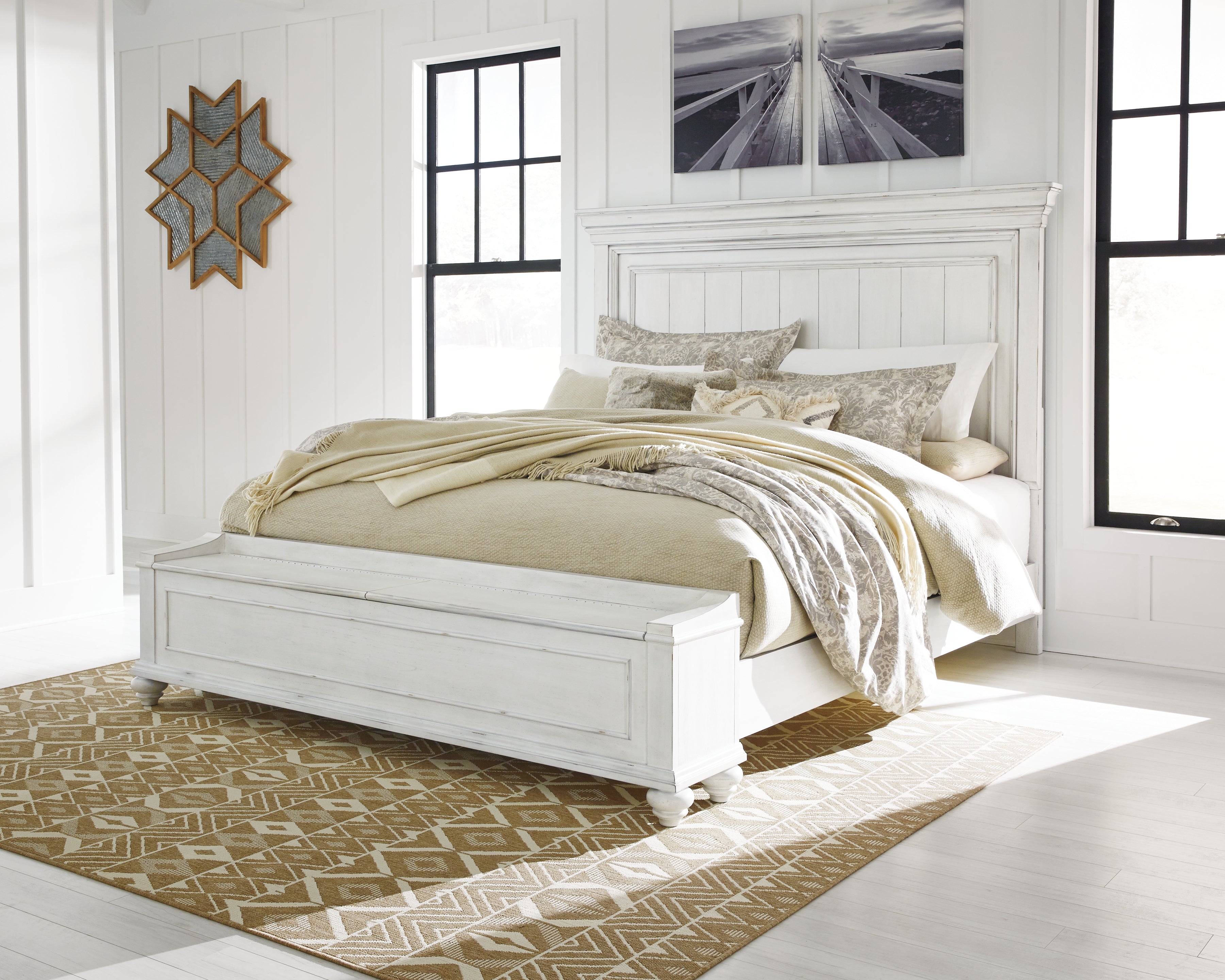 3 Brothers Decor - Ashley Furniture - Kanwyn Bedroom - King Panel Bed with Storage Bench / Whitewash - B777B9