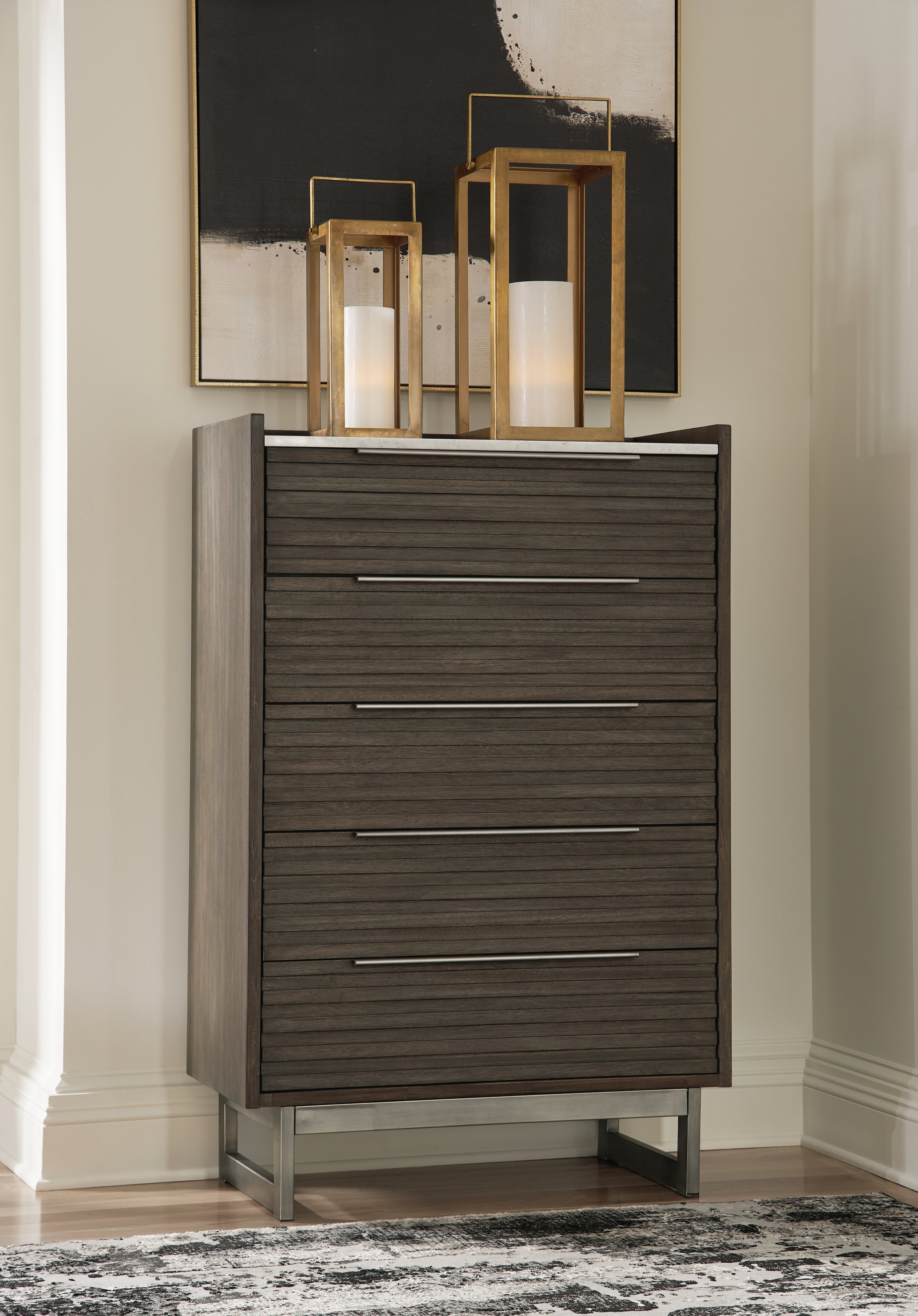 3 Brothers Decor - Ashley Furniture - Arkenton Bedroom - Five Drawer Chest / Grayish Brown/White - B786-46