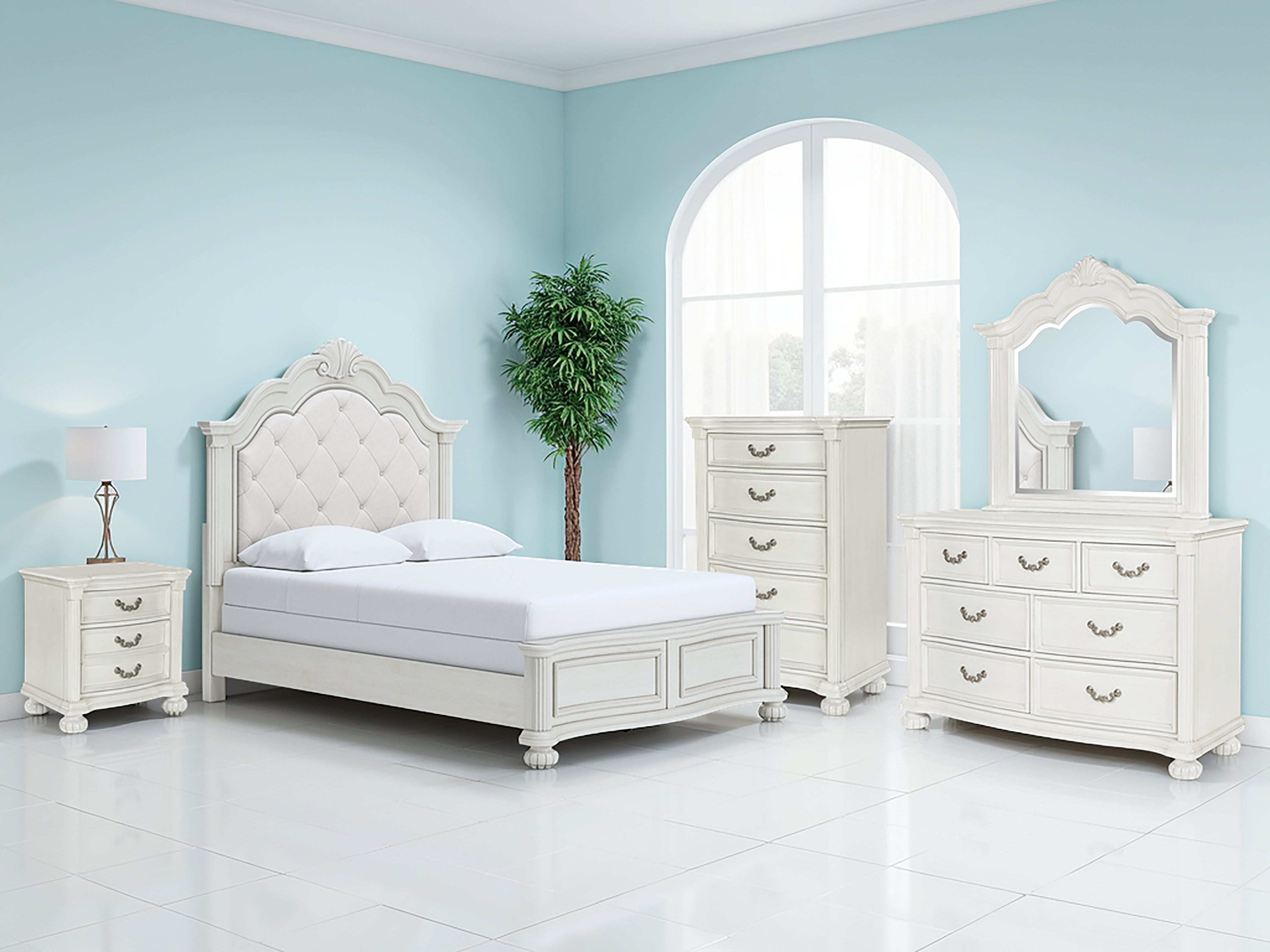 3 Brothers Decor - Ashley Furniture - Montelaine Bedroom - Queen Upholstered Panel Bed / Antique White - B795B2