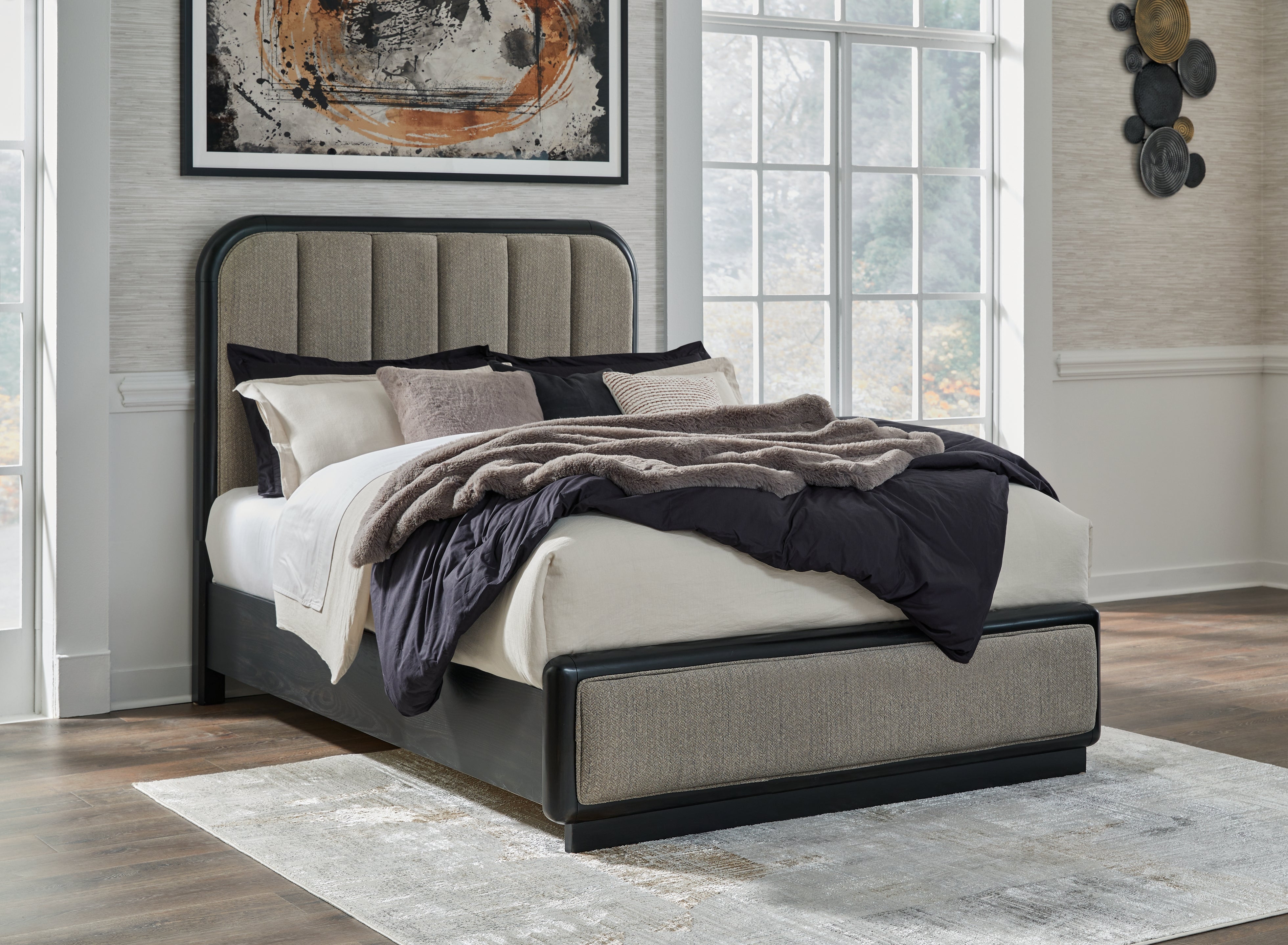 3 Brothers Decor - Ashley Furniture - Rowanbeck Bedroom - Queen Upholstered Panel Bed / Gray/Black - B821B2