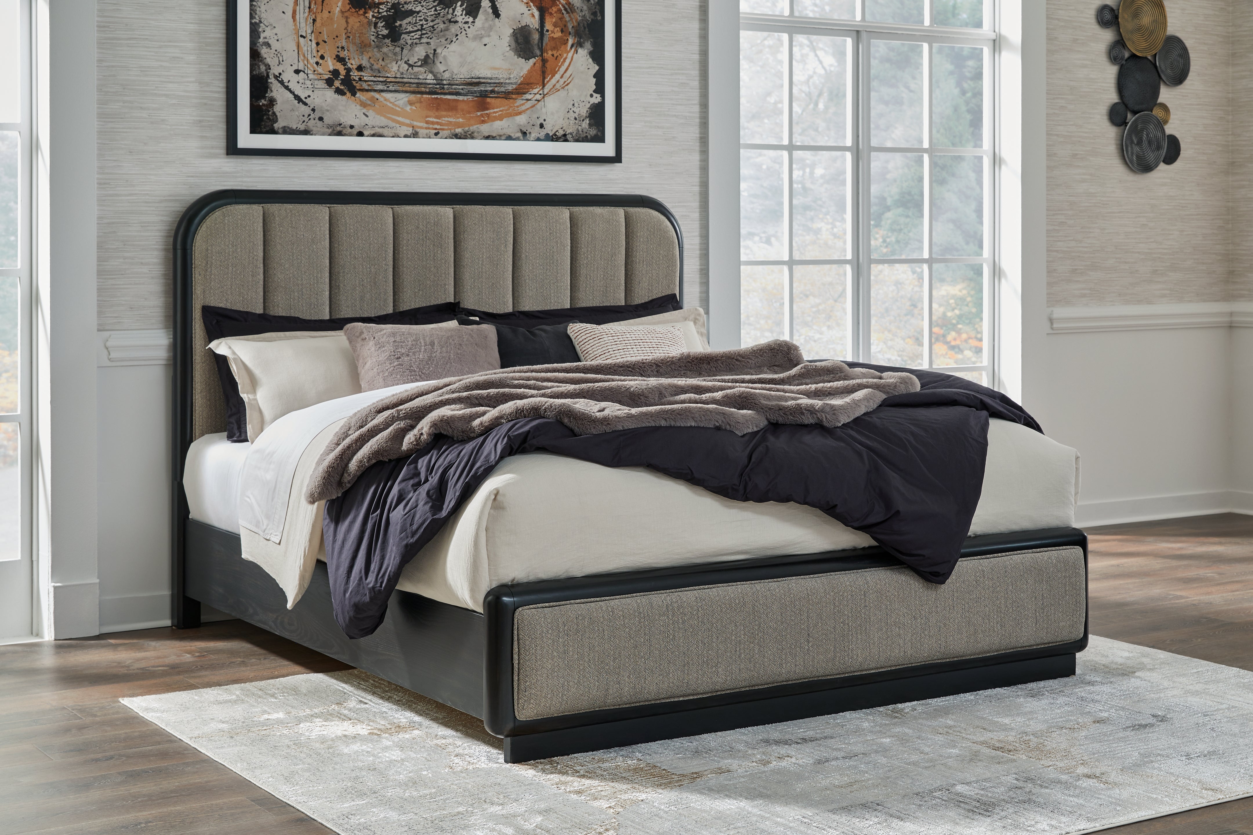 3 Brothers Decor - Ashley Furniture - Rowanbeck Bedroom - King Upholstered Panel Bed / Gray/Black - B821B4