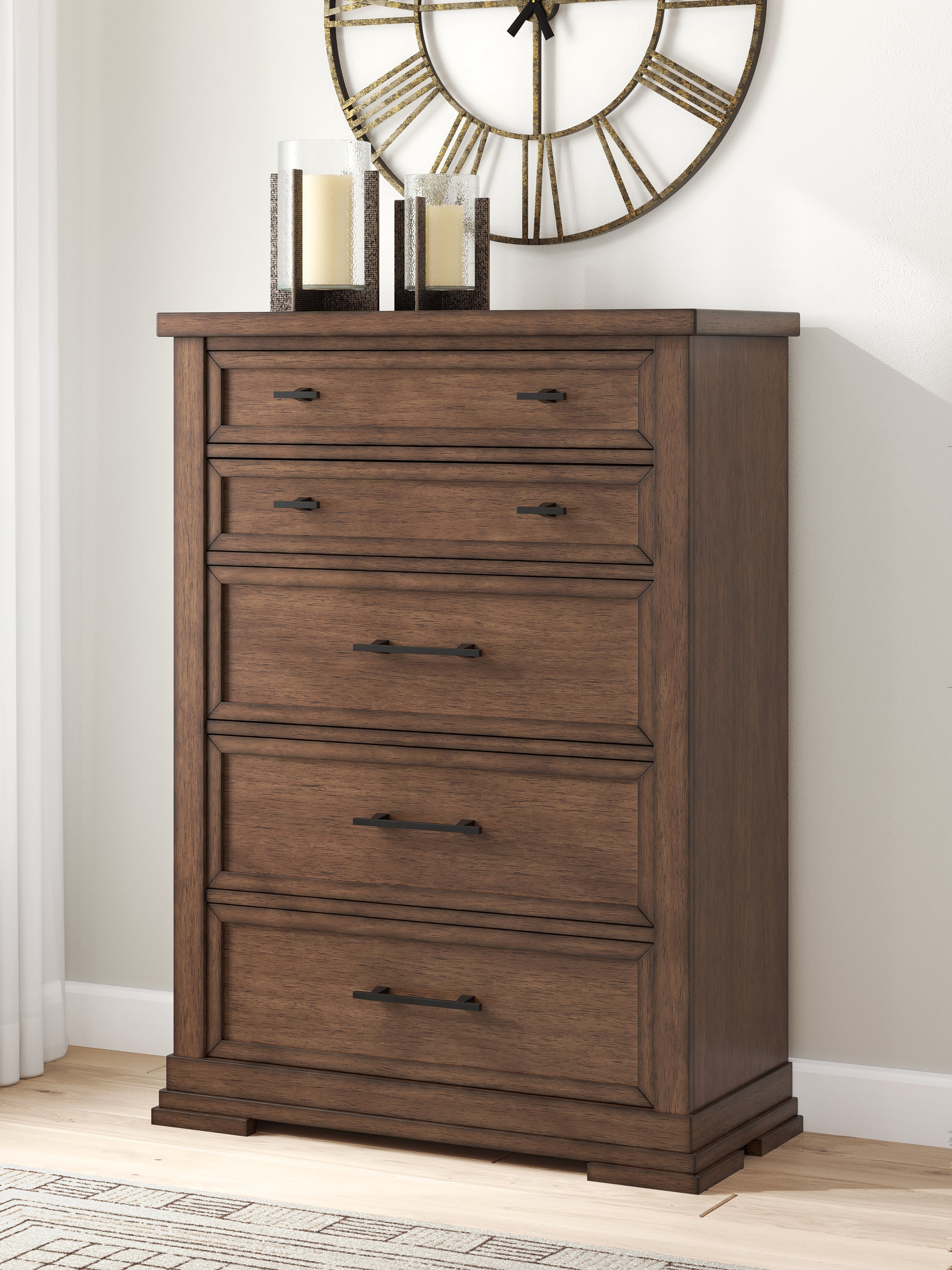 3 Brothers Decor - Ashley Furniture - Taffenbrook Bedroom - Five Drawer Chest / Medium Brown - B849-46