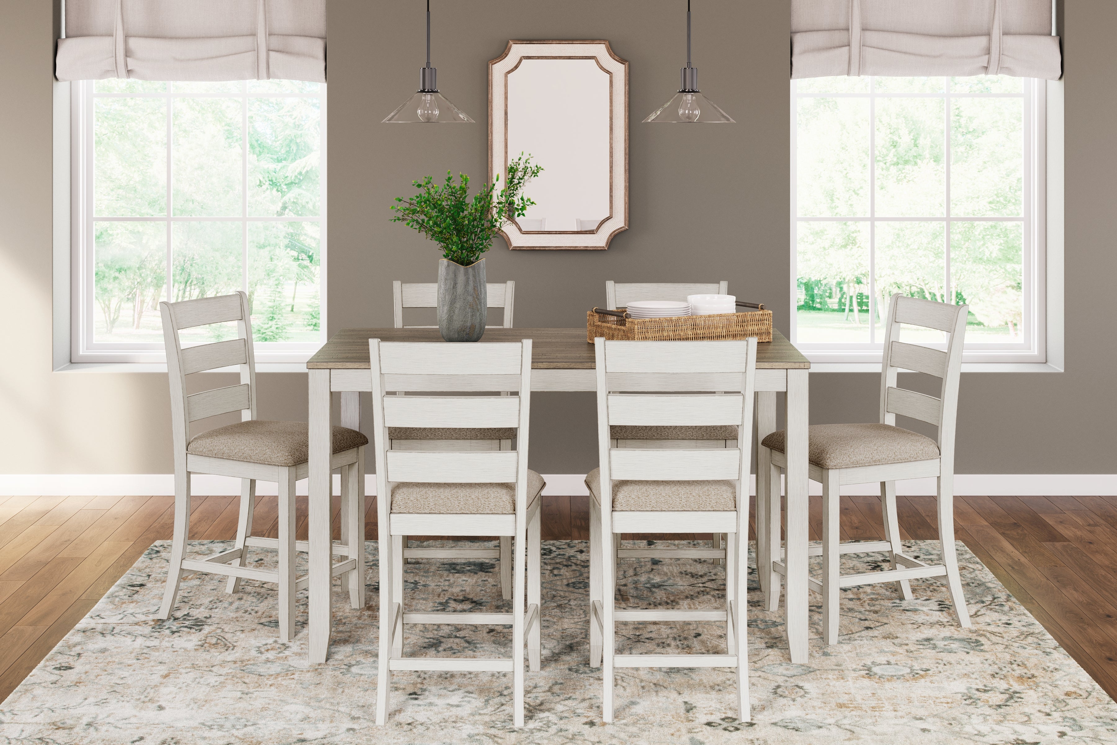 3 Brothers Decor - Ashley Furniture - Skempton Dining Room - RECT DRM Counter TBL Set(7/CN) / White/Light Brown - D394-423