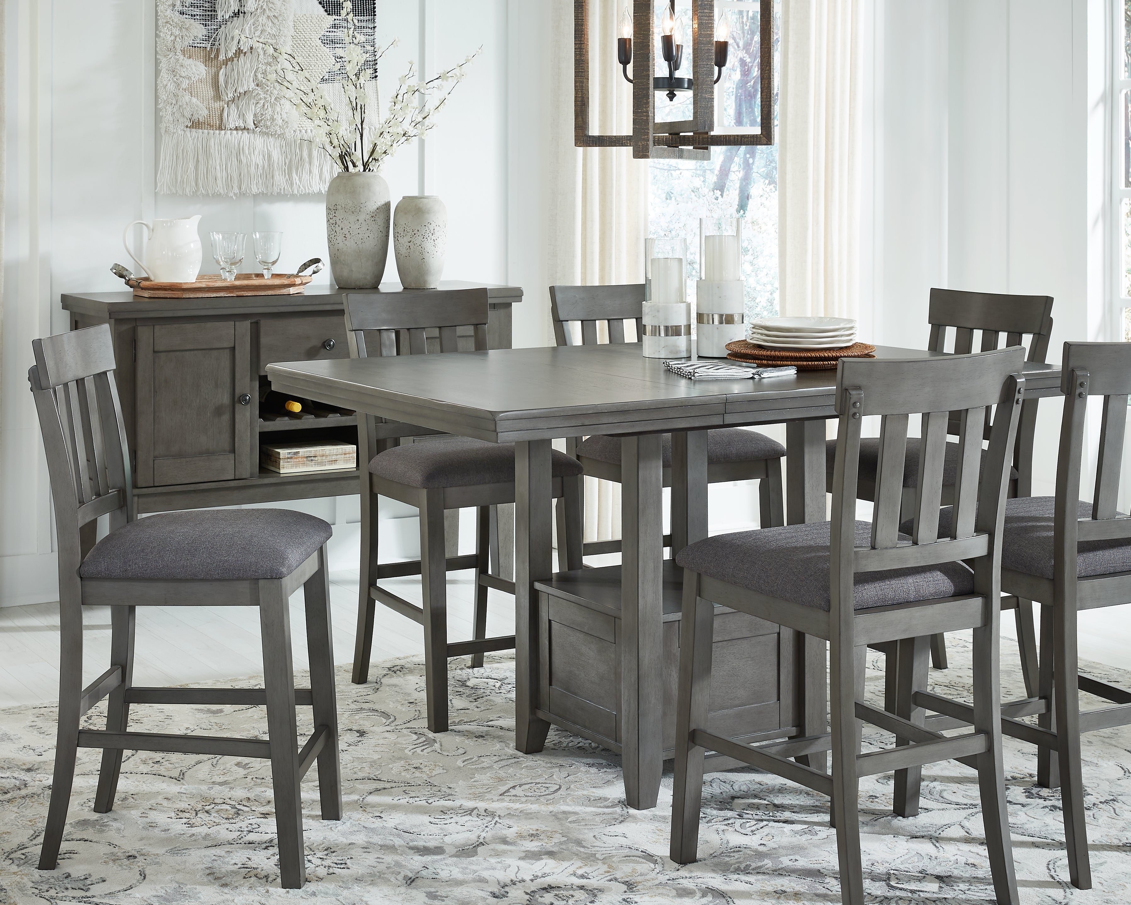 3 Brothers Decor - Ashley Furniture - Hallanden Dining Room - RECT DRM Counter EXT Table / Gray - D589-42