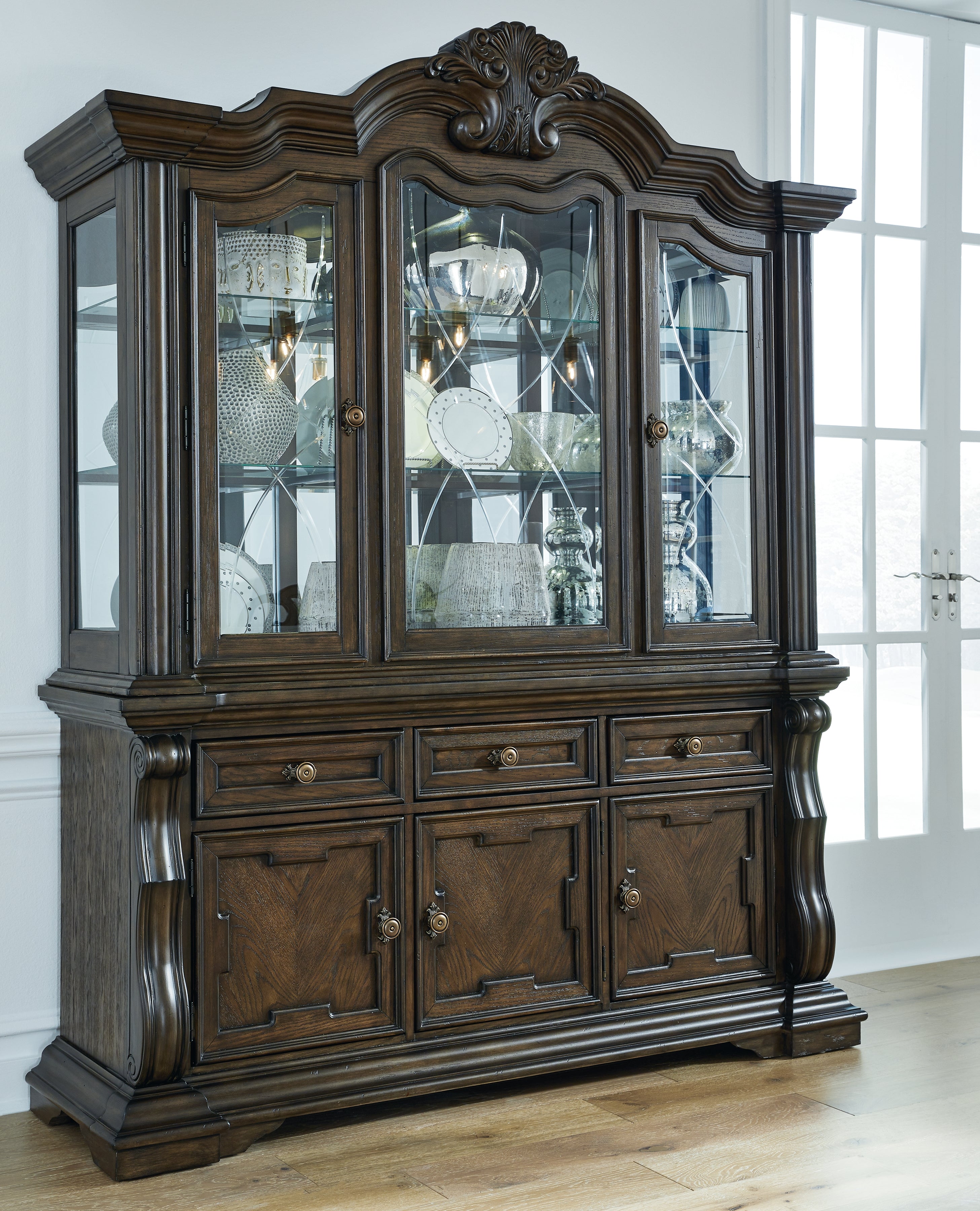 3 Brothers Decor - Ashley Furniture - Maylee Dining Room - Dining Buffet and Hutch / Dark Brown / 71.75"W x 20.75"D x 89.25"H - D947D1