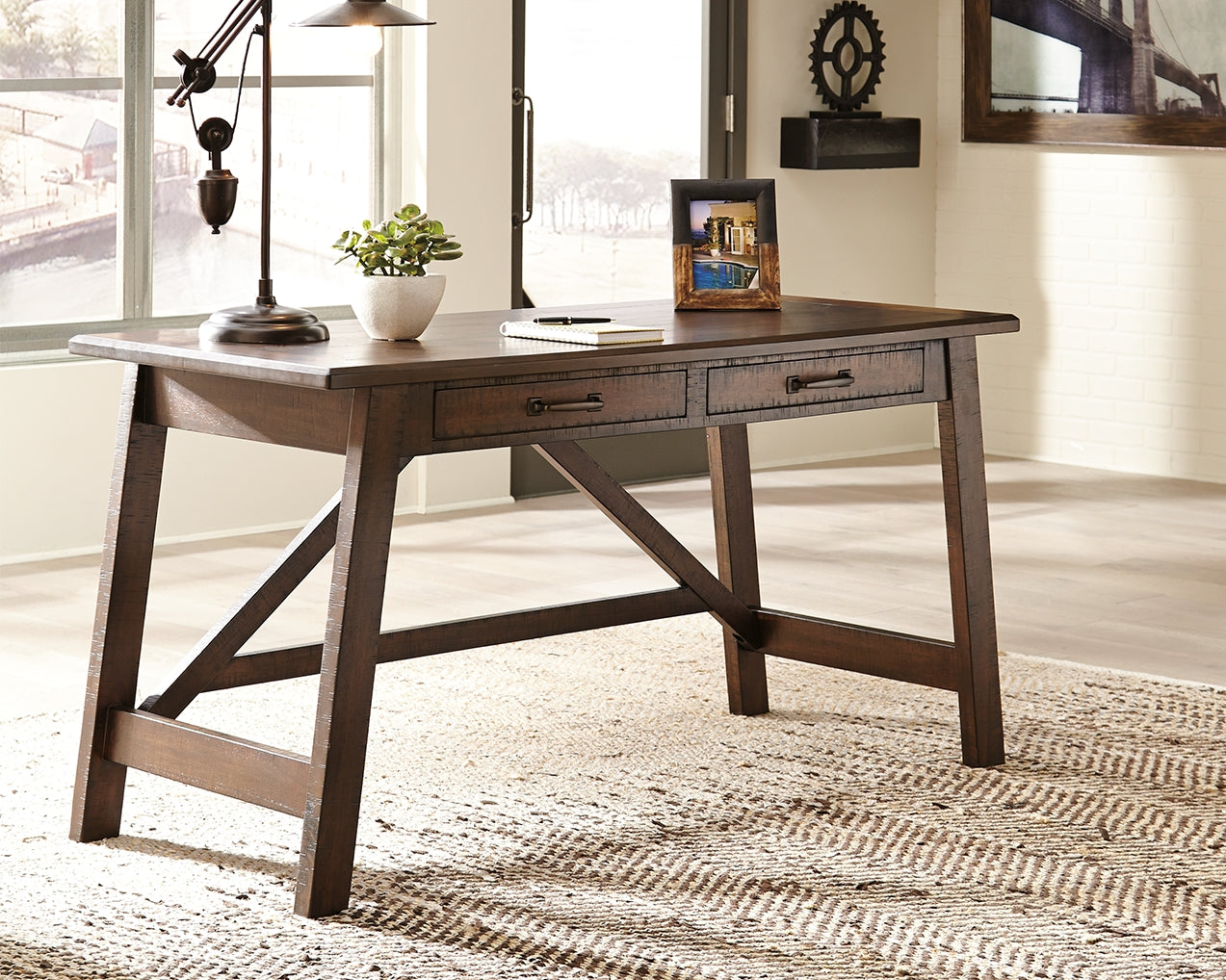 3 Brothers Decor - Ashley Furniture - Baldridge Office Desk - Home Office Large Leg Desk / Rustic Brown - H675-44