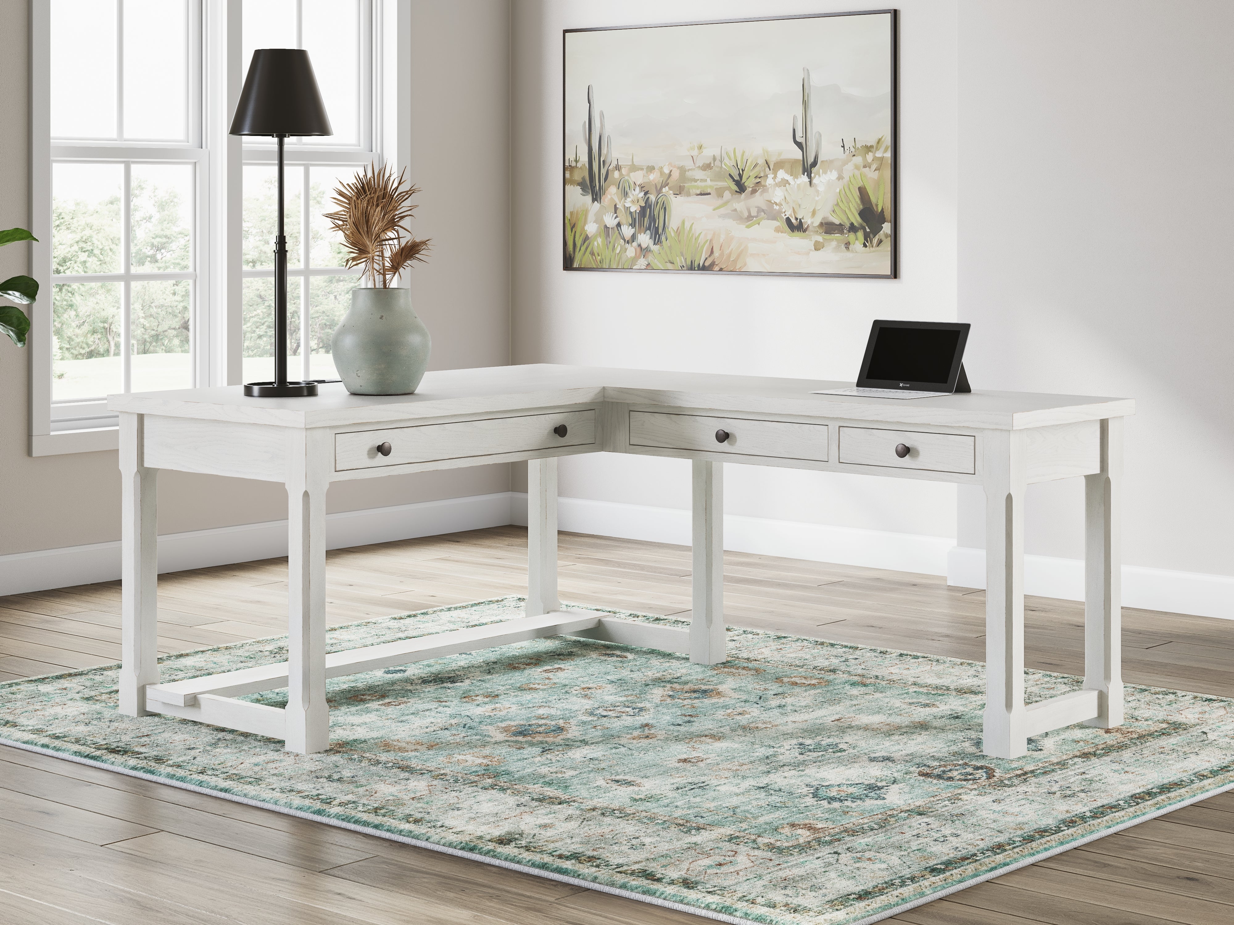 3 Brothers Decor - Ashley Furniture - Robbinsdale Office Desk - L-Shaped Home Office Desk / Antique White - H742H1