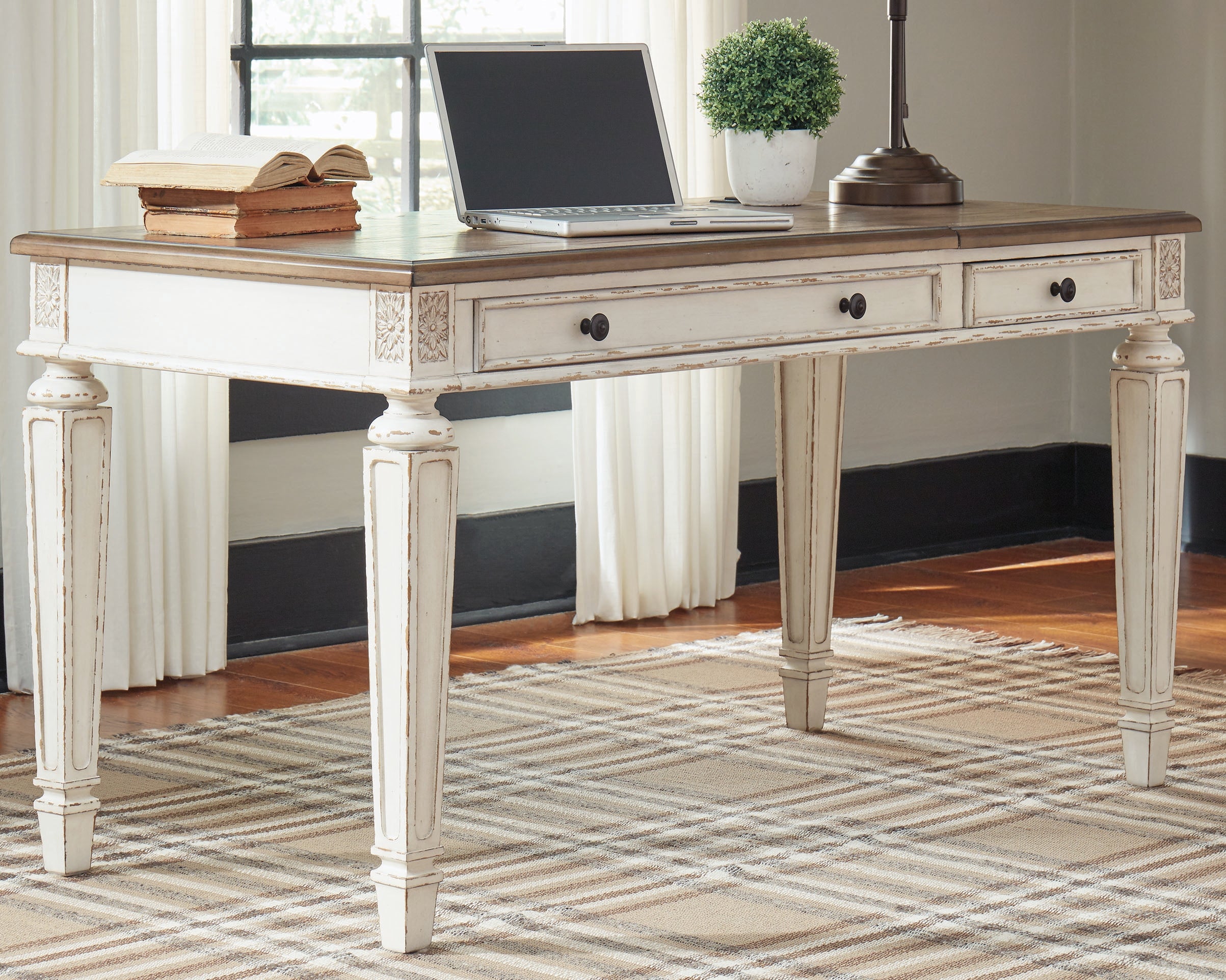 3 Brothers Decor - Ashley Furniture - Realyn Office Desk - Home Office Lift Top Desk / White/Brown - H743-134