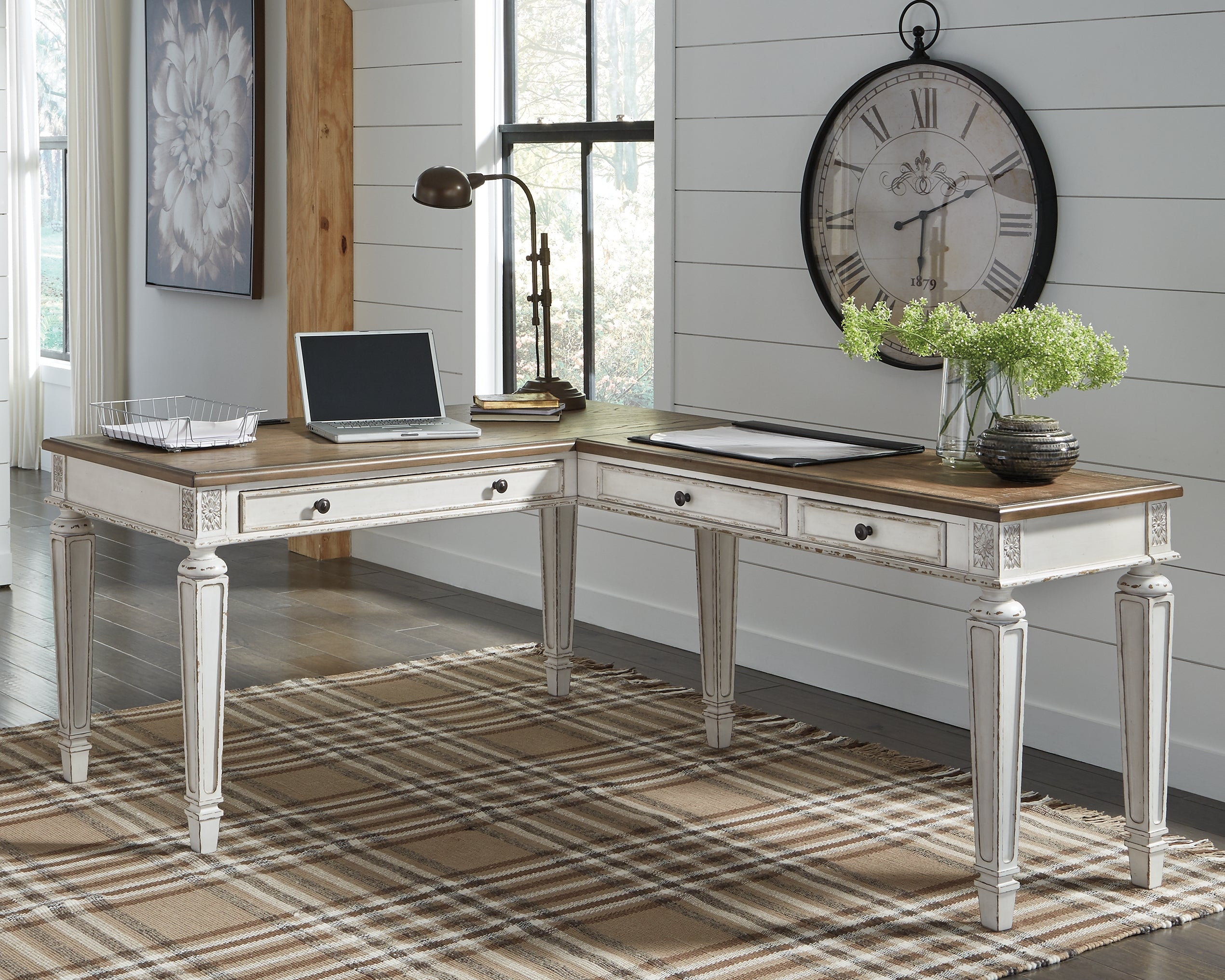3 Brothers Decor - Ashley Furniture - Realyn Office Desk - 2-Piece Home Office Desk / White/Brown - H743H1