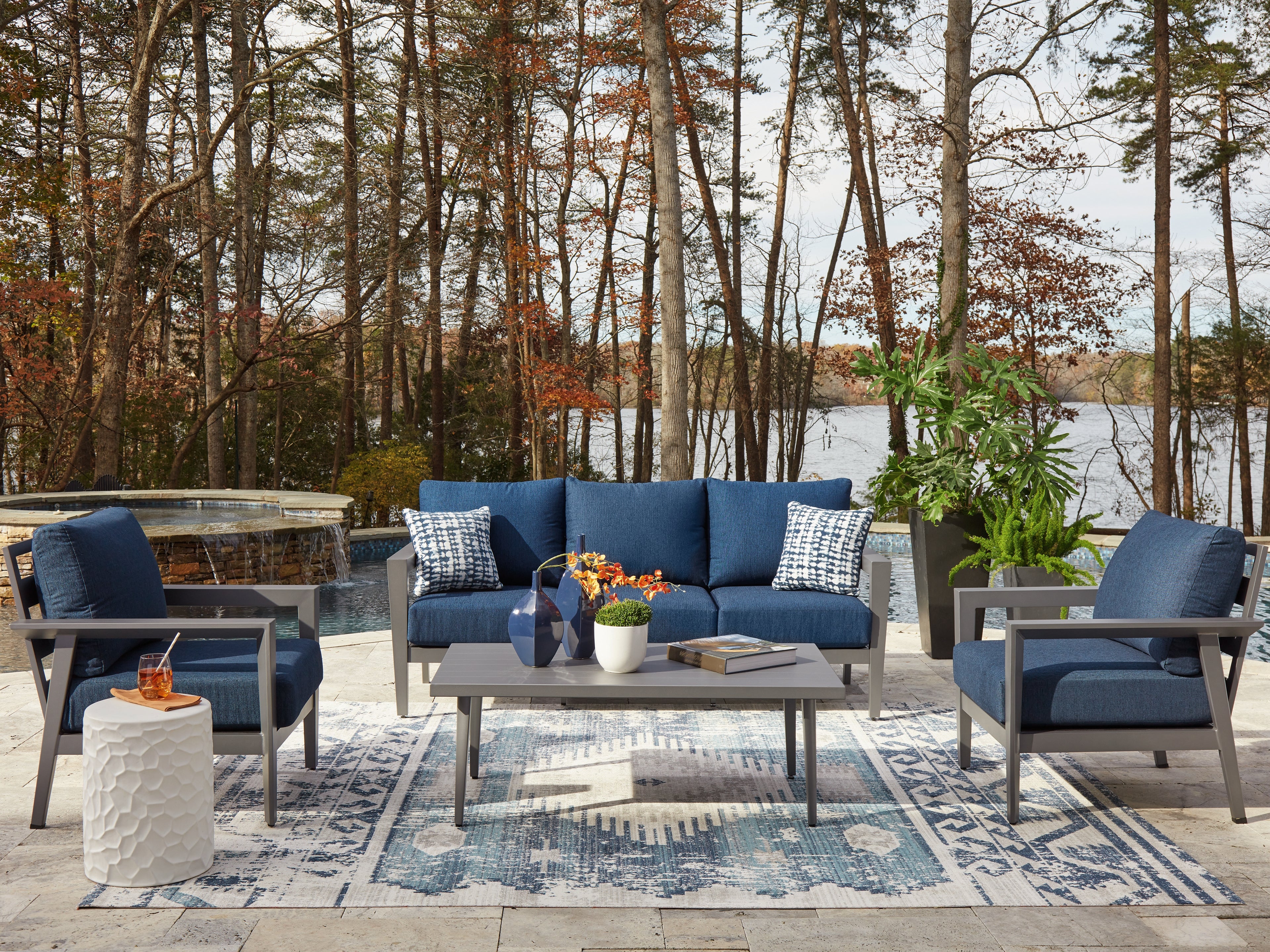 3 Brothers Decor - Ashley Furniture - Gali Outdoor - Sofa/Chairs/Table Set (4/CN) / Gray/Blue - P275-081
