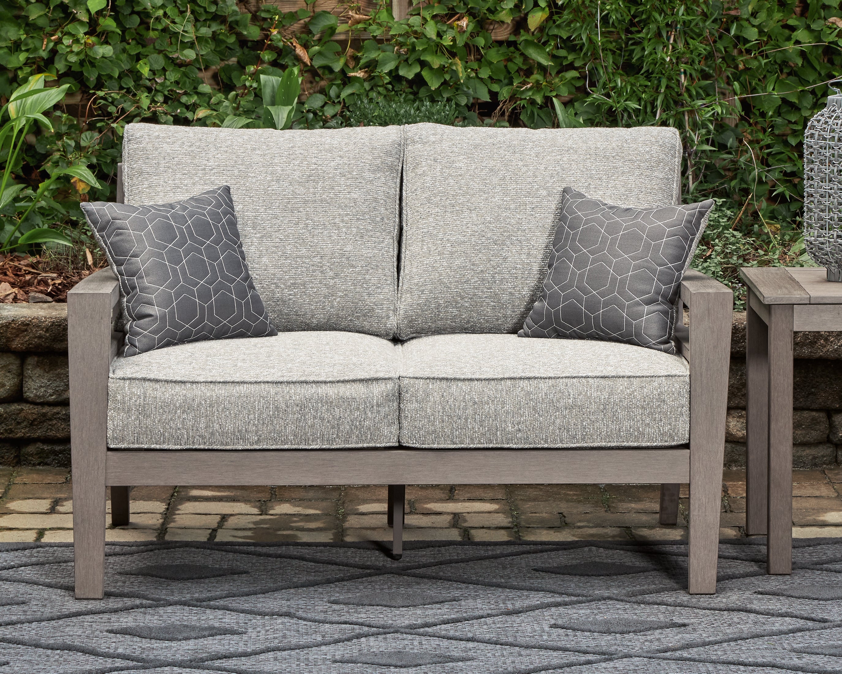 3 Brothers Decor - Ashley Furniture - Hillside Barn Outdoor - Loveseat w/Cushion / Gray/Brown - P564-835