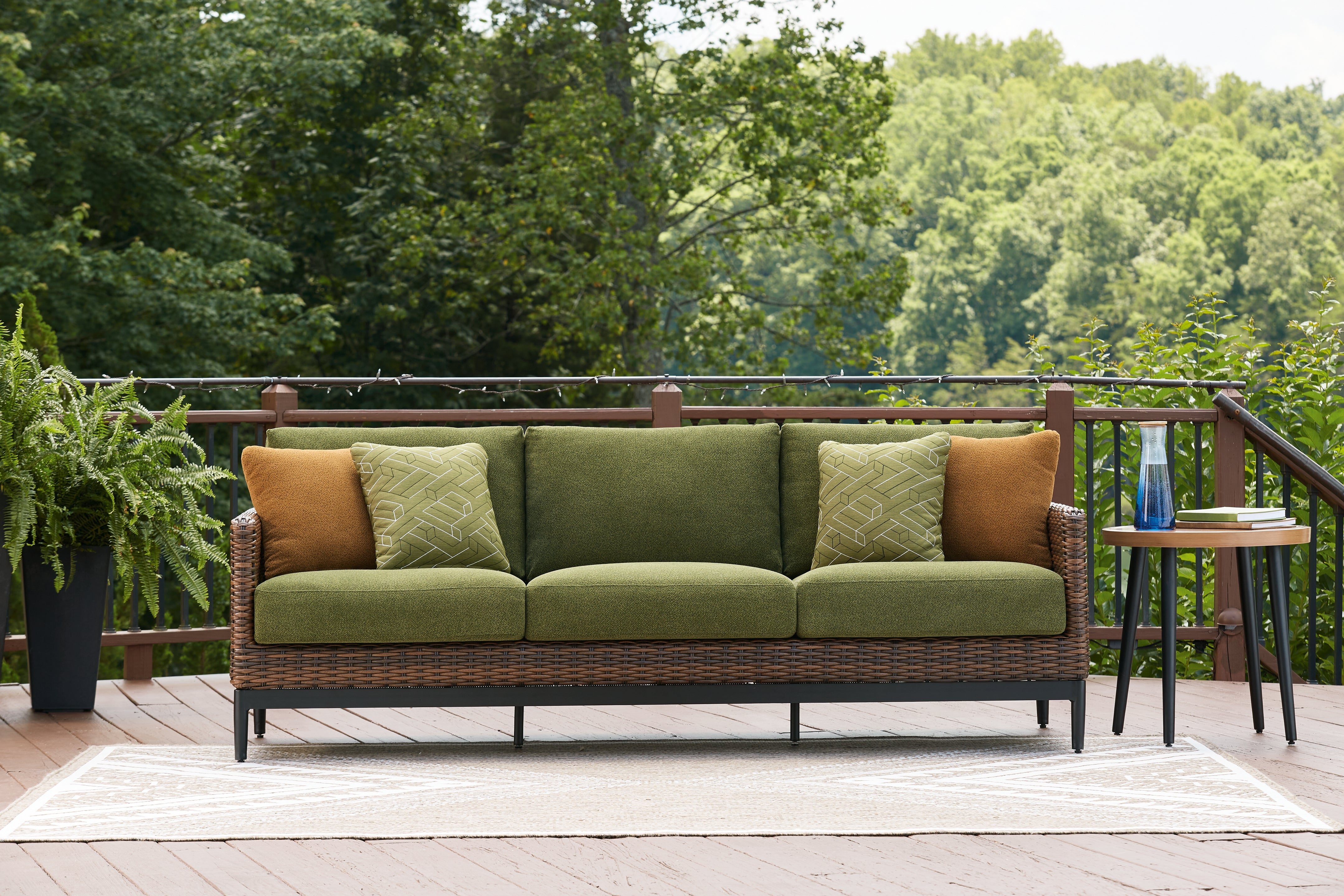 3 Brothers Decor - Ashley Furniture - Horizon Hall Outdoor - Sofa with Cushion / Brown/Green - P572-838
