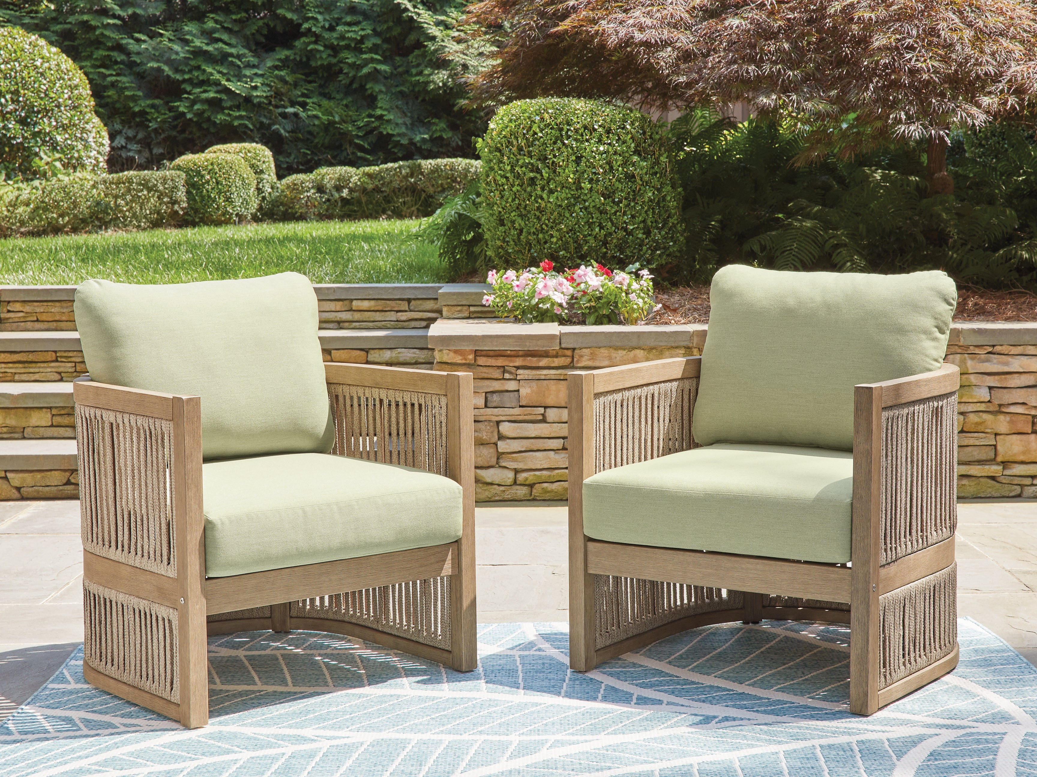 3 Brothers Decor - Ashley Furniture - Serena Shores Outdoor - Lounge Chair w/Cushion (Set of 2) / Beige/Green - PCP604-820
