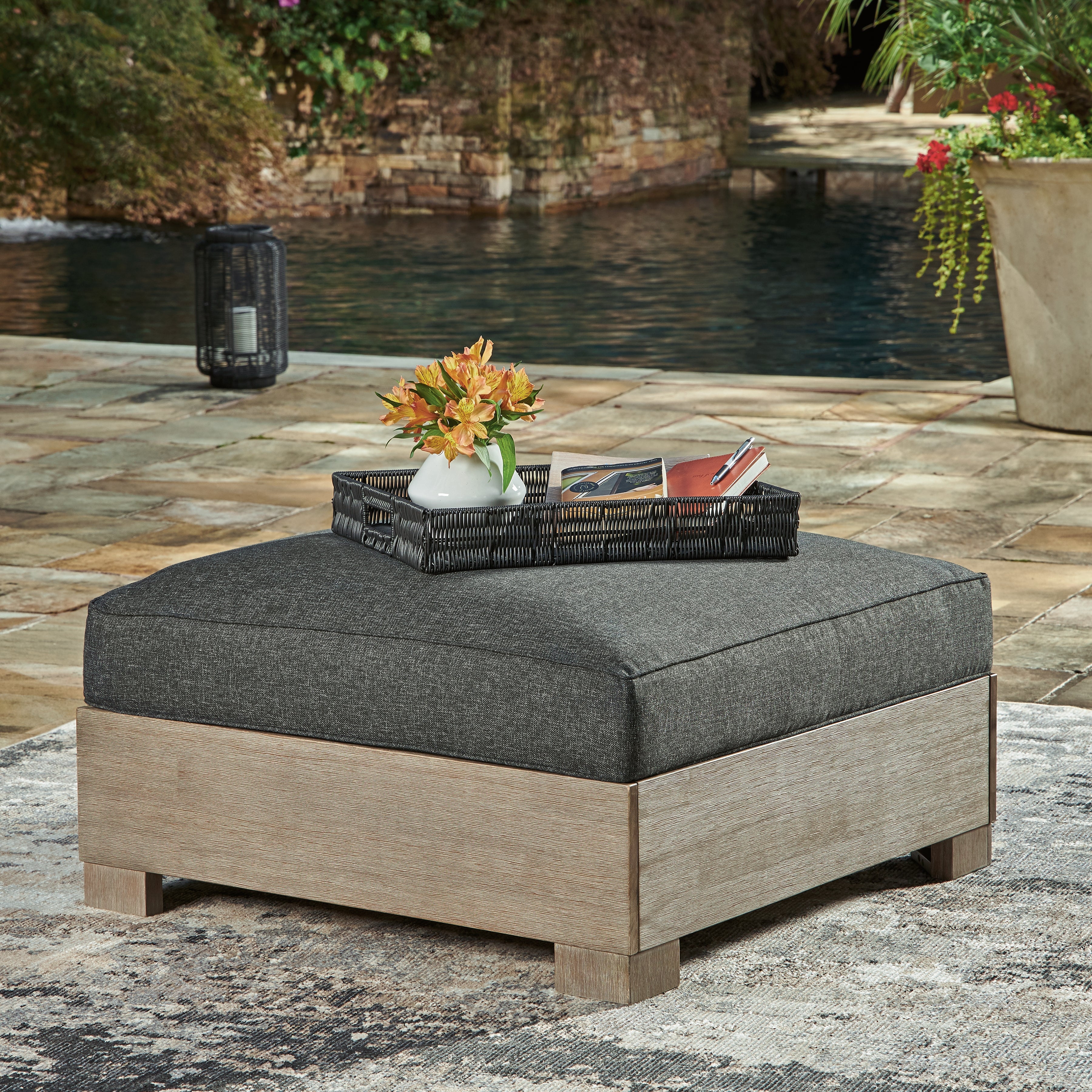 3 Brothers Decor - Ashley Furniture - Citrine Park Outdoor - Ottoman with Cushion / Brown/Charcoal - P660-814