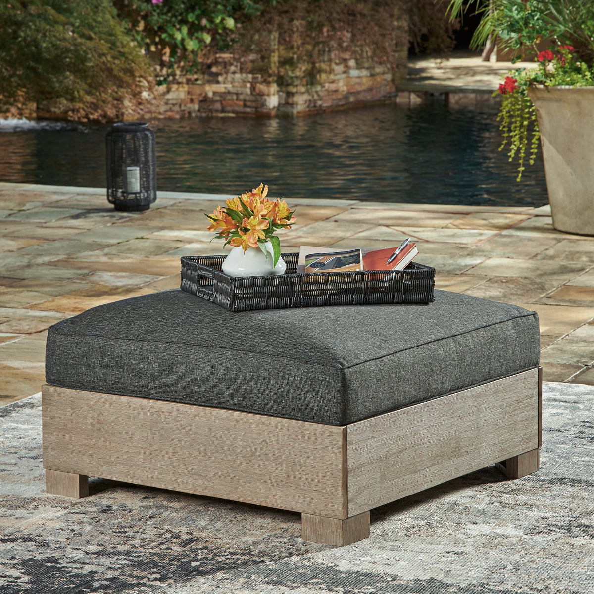 3 Brothers Decor - Ashley Furniture - Citrine Park Outdoor - Ottoman with Cushion / Brown/Charcoal - P660-814
