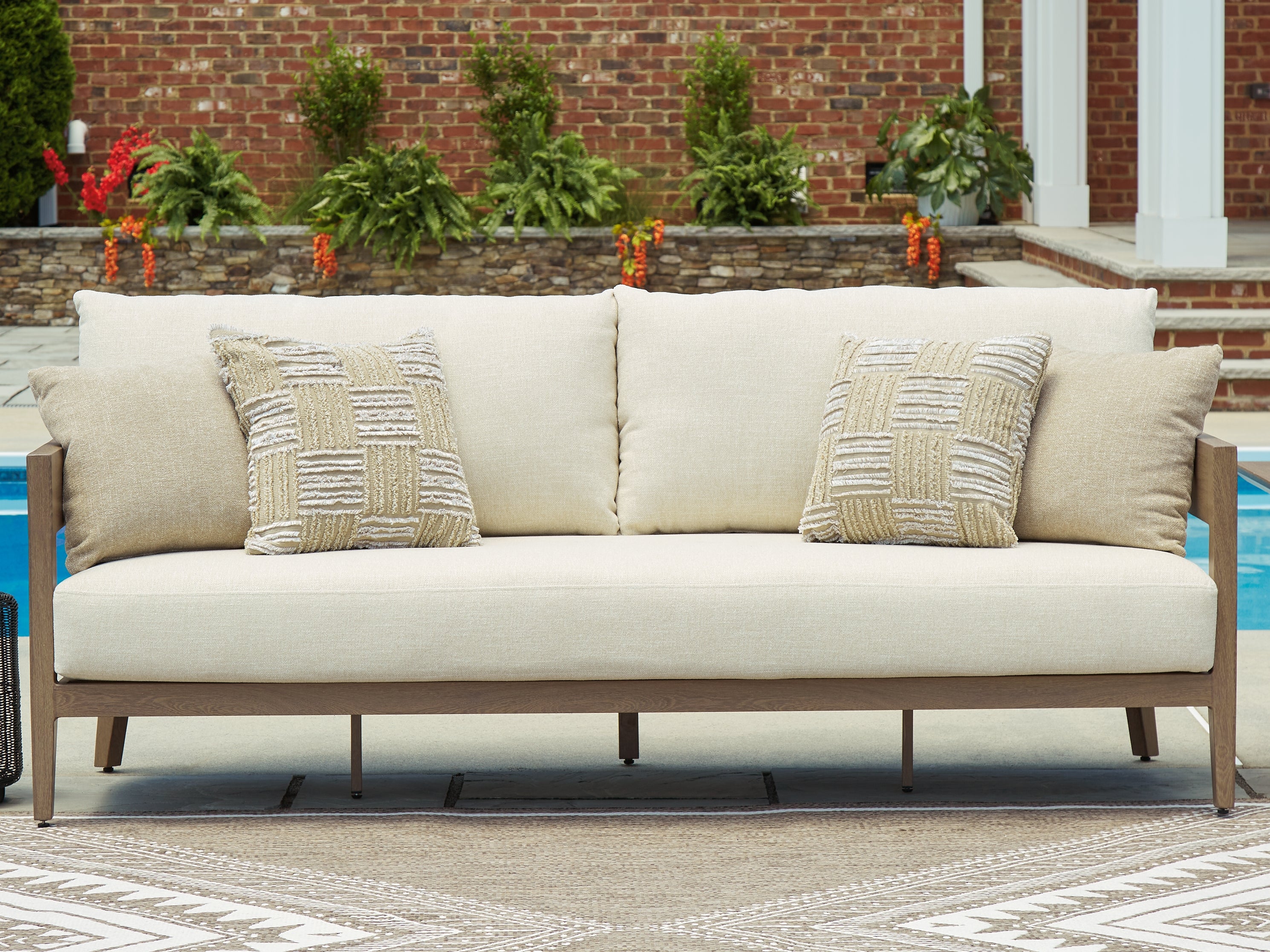 3 Brothers Decor - Ashley Furniture - Serene Bay Outdoor - Sofa with Cushion / Dark Brown/White - P671-838