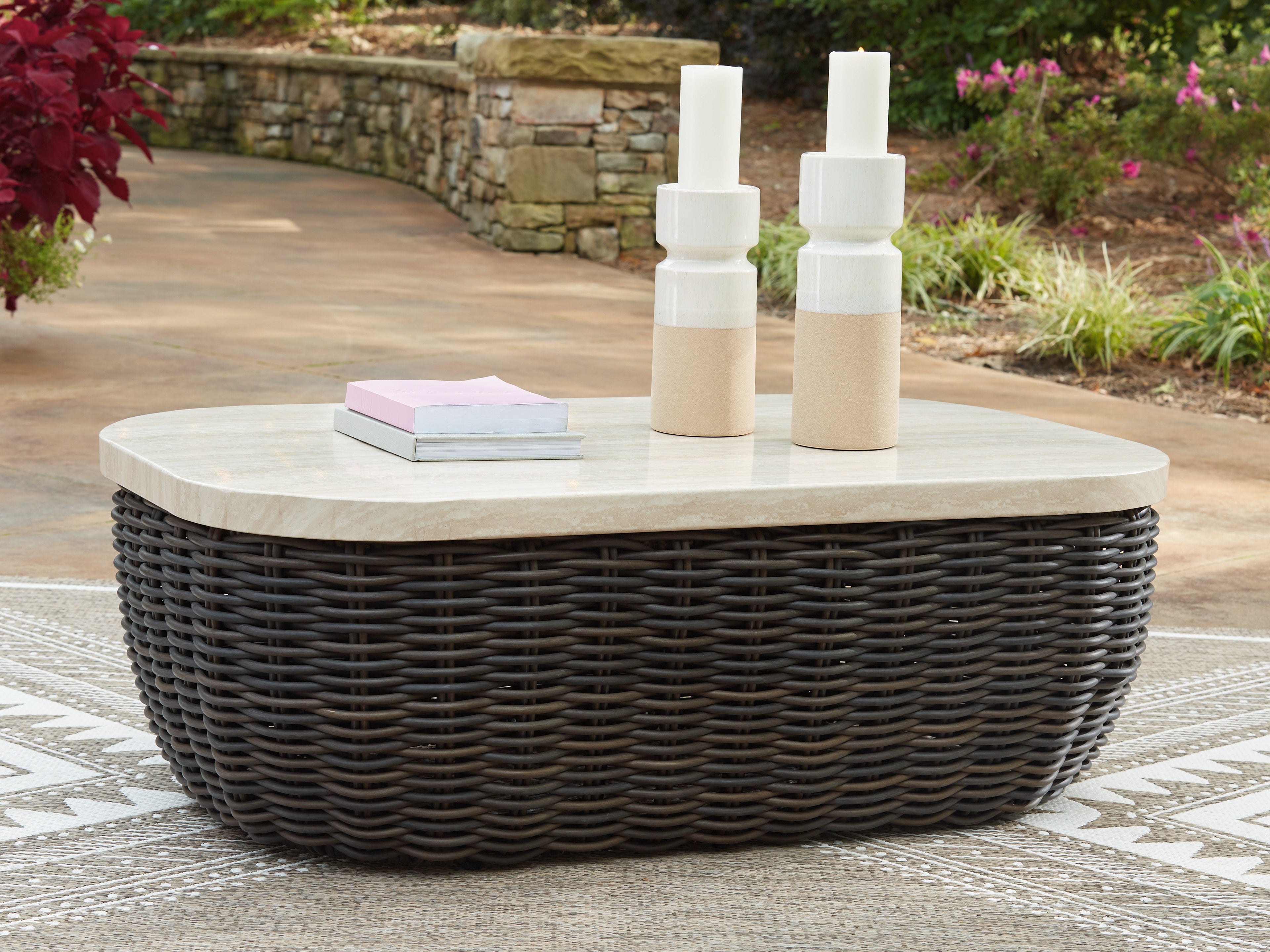 3 Brothers Decor - Ashley Furniture - Kimora Outdoor - Rectangular Cocktail Table / Beige/Dark Brown - P711-701