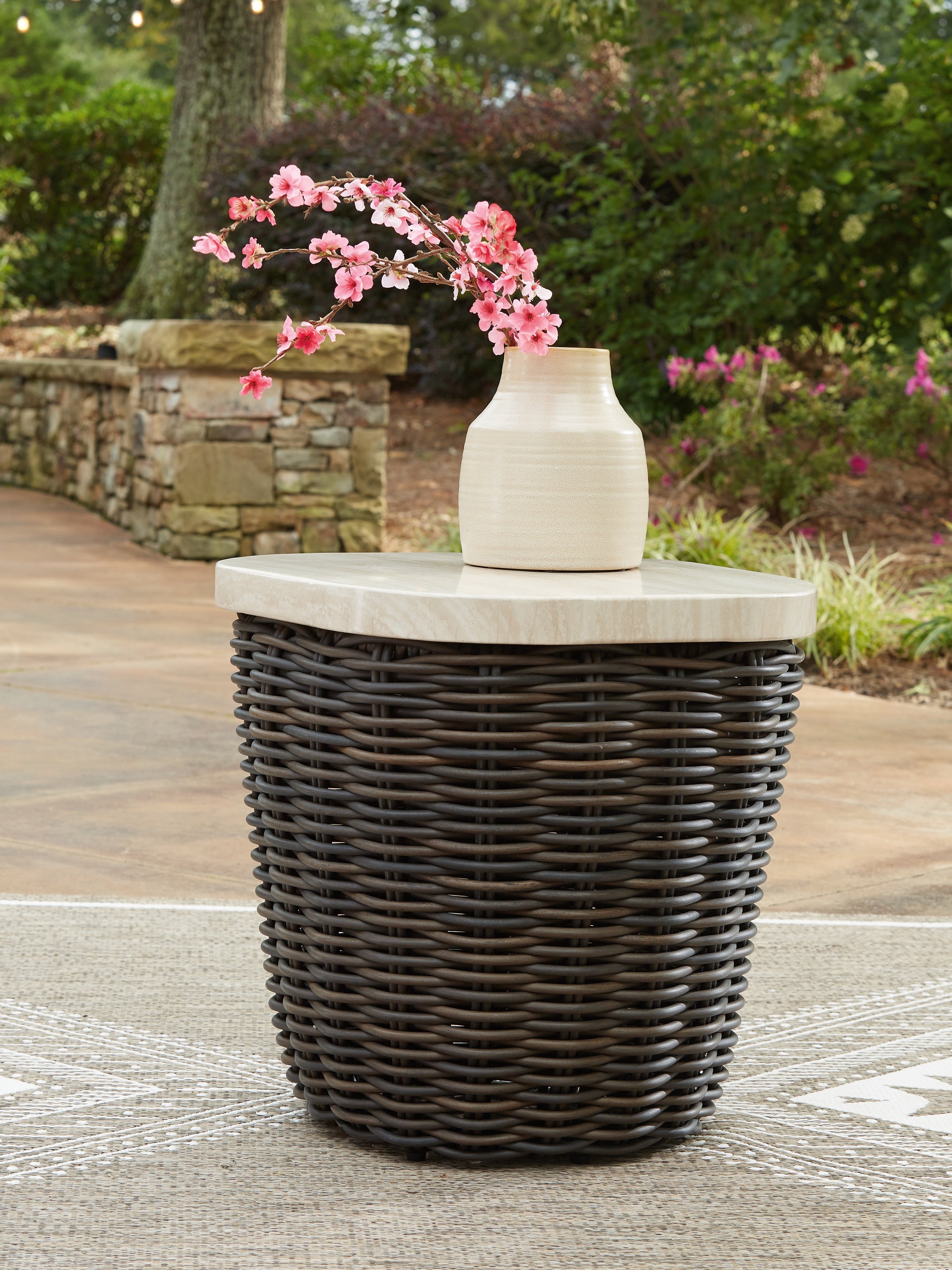 3 Brothers Decor - Ashley Furniture - Kimora Outdoor - Square End Table / Beige/Dark Brown - P711-702