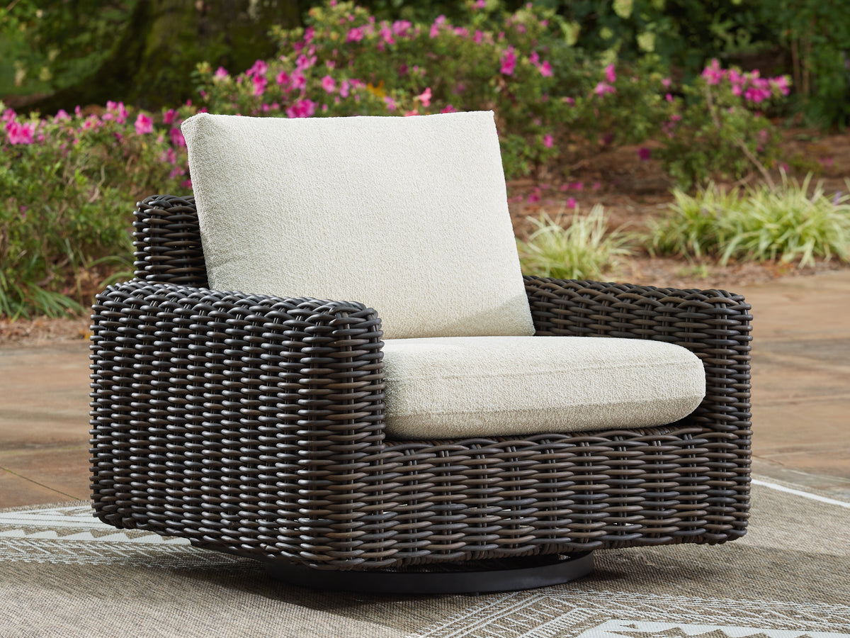 3 Brothers Decor - Ashley Furniture - Kimora Outdoor - Swivel Glider Lounge w/Cushion / Beige/Dark Brown - P711-821