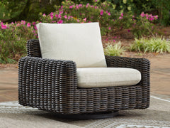 3 Brothers Decor - Ashley Furniture - Kimora Outdoor - Swivel Glider Lounge w/Cushion / Beige/Dark Brown - P711-821