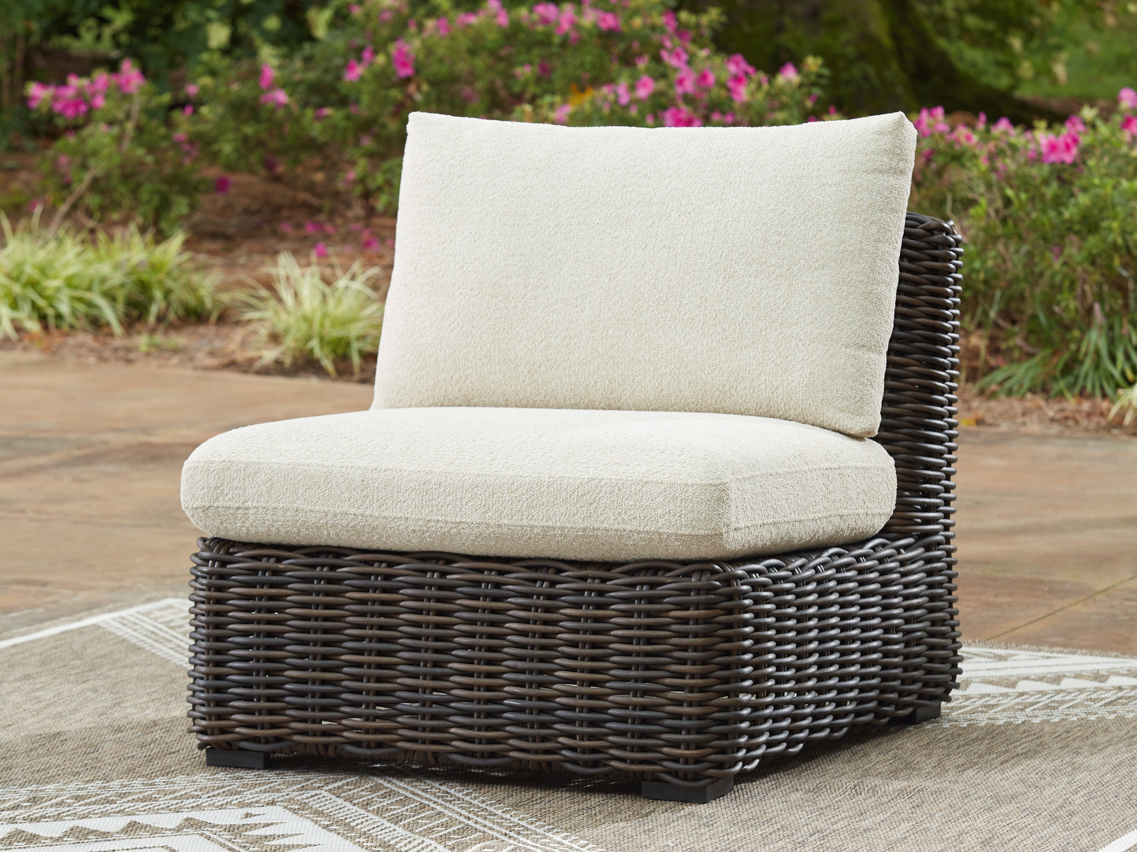 3 Brothers Decor - Ashley Furniture - Kimora Outdoor - Armless Chair w/Cushion / Beige/Dark Brown - P711-846