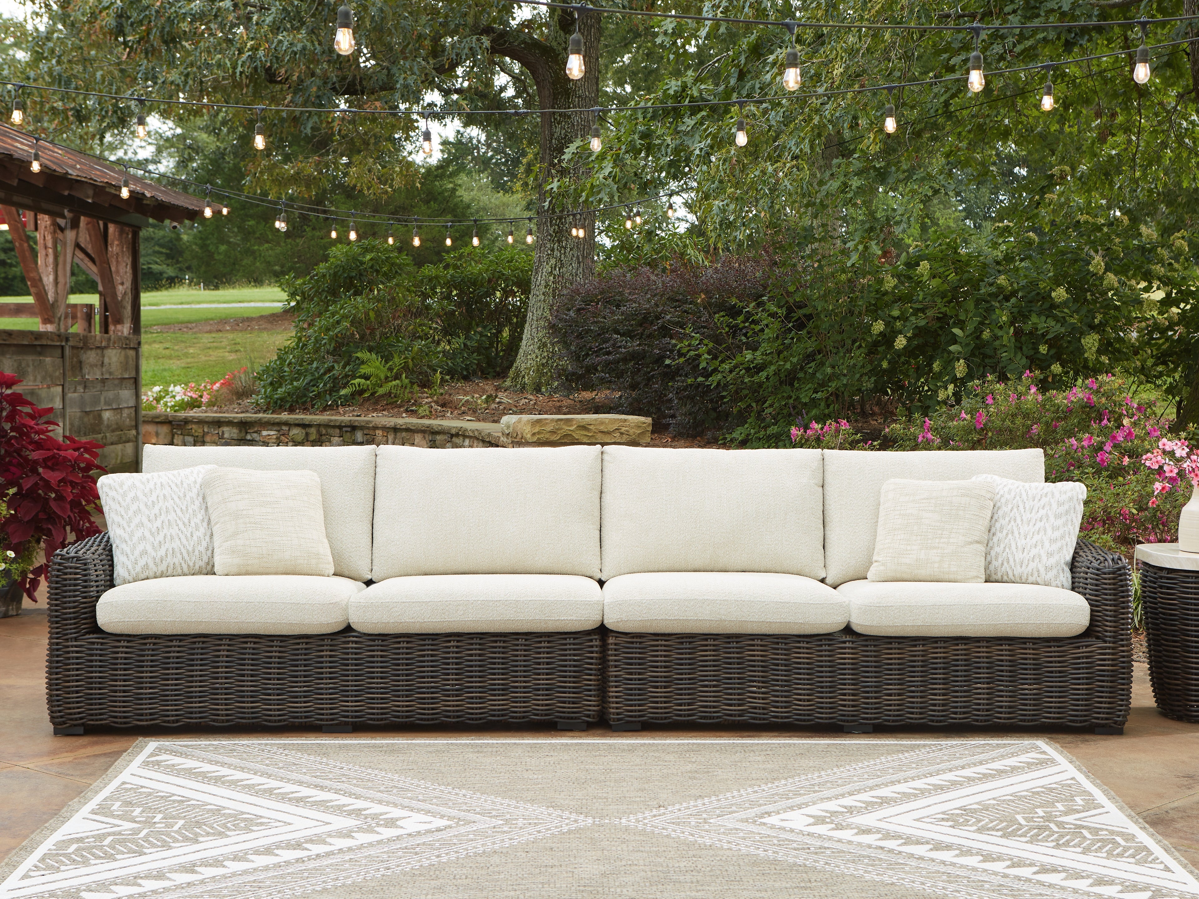 3 Brothers Decor - Ashley Furniture - Kimora Outdoor - RAF/LAF Loveseat w/CUSH (Set of 2) / Beige/Dark Brown - P711-854