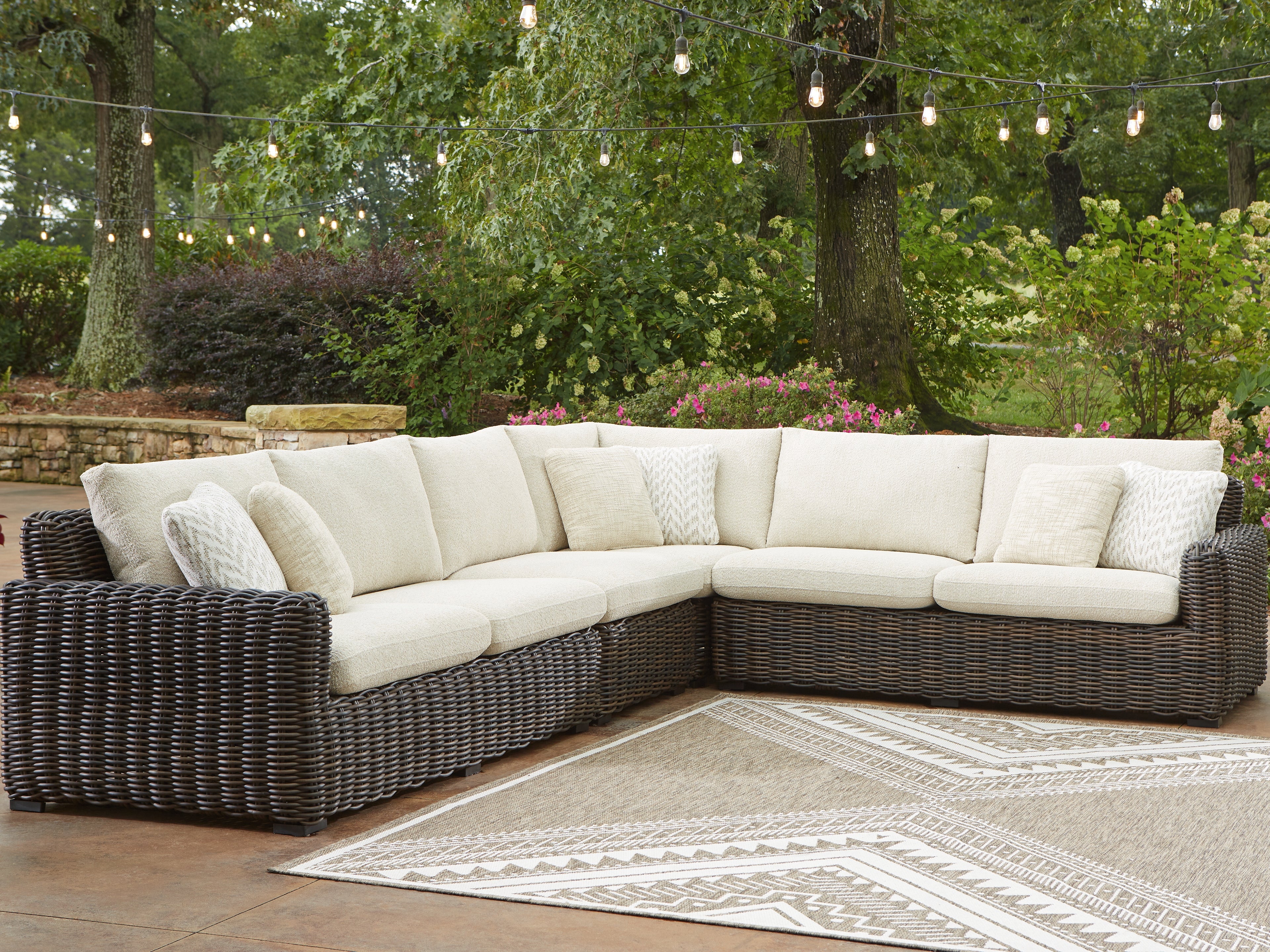3 Brothers Decor - Ashley Furniture - Kimora Outdoor - 4-Piece Outdoor Sectional / Beige/Dark Brown - P711P2