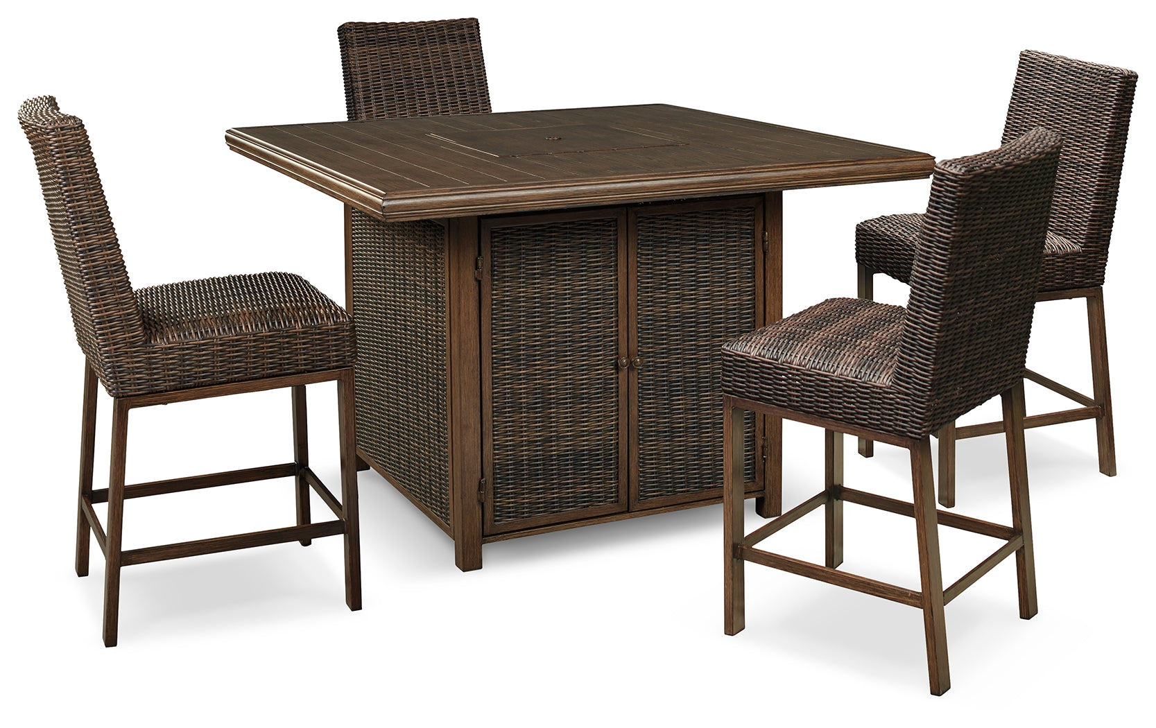 3 Brothers Decor - Ashley Furniture - Paradise Trail Outdoor - Outdoor Counter Height Dining Table with 4 Barstools / Medium Brown - P750P5