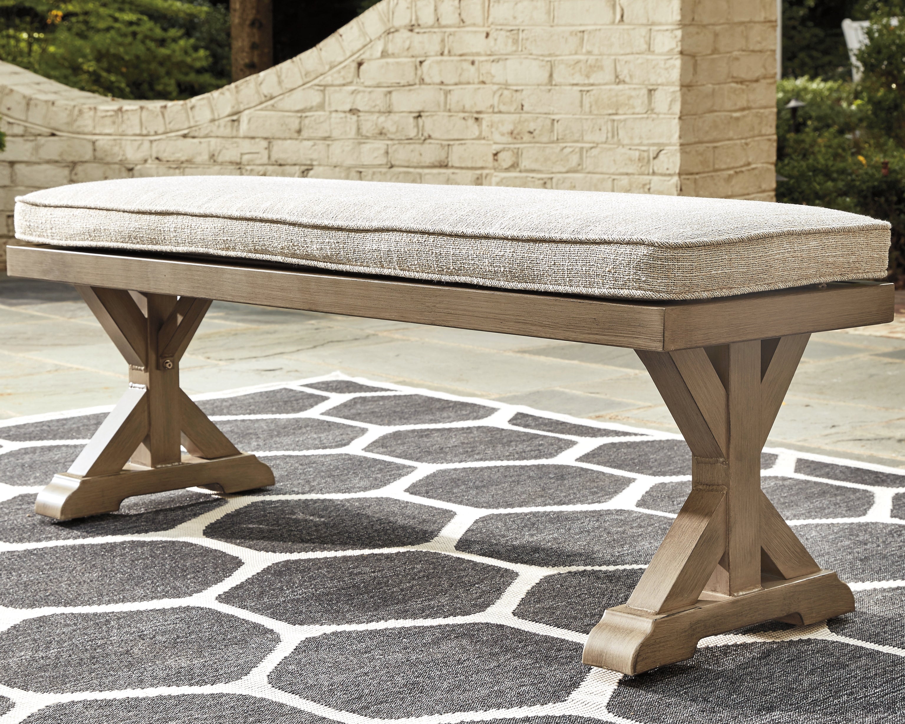 3 Brothers Decor - Ashley Furniture - Beachcroft Outdoor - Bench with Cushion / Beige - P791-600