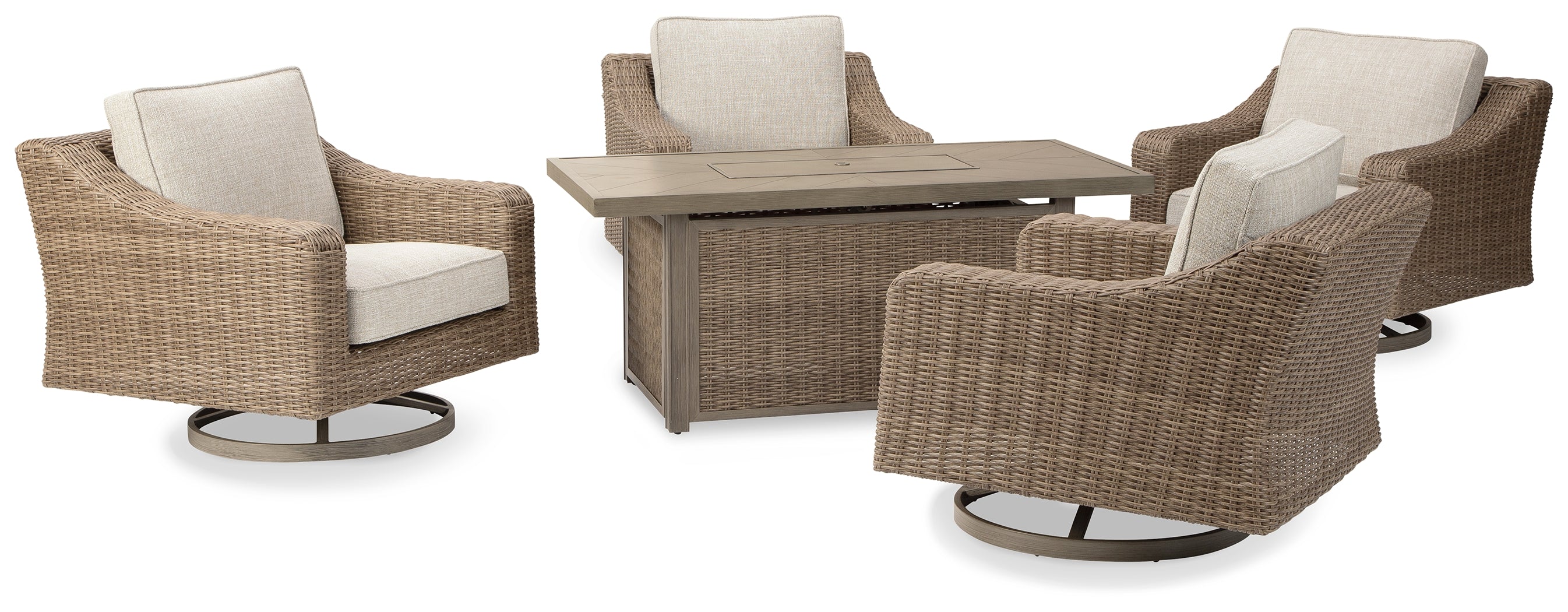 3 Brothers Decor - Ashley Furniture - Beachcroft Outdoor - 5-Piece Outdoor Fire Pit Table with 4 Chairs / Beige - P791P17