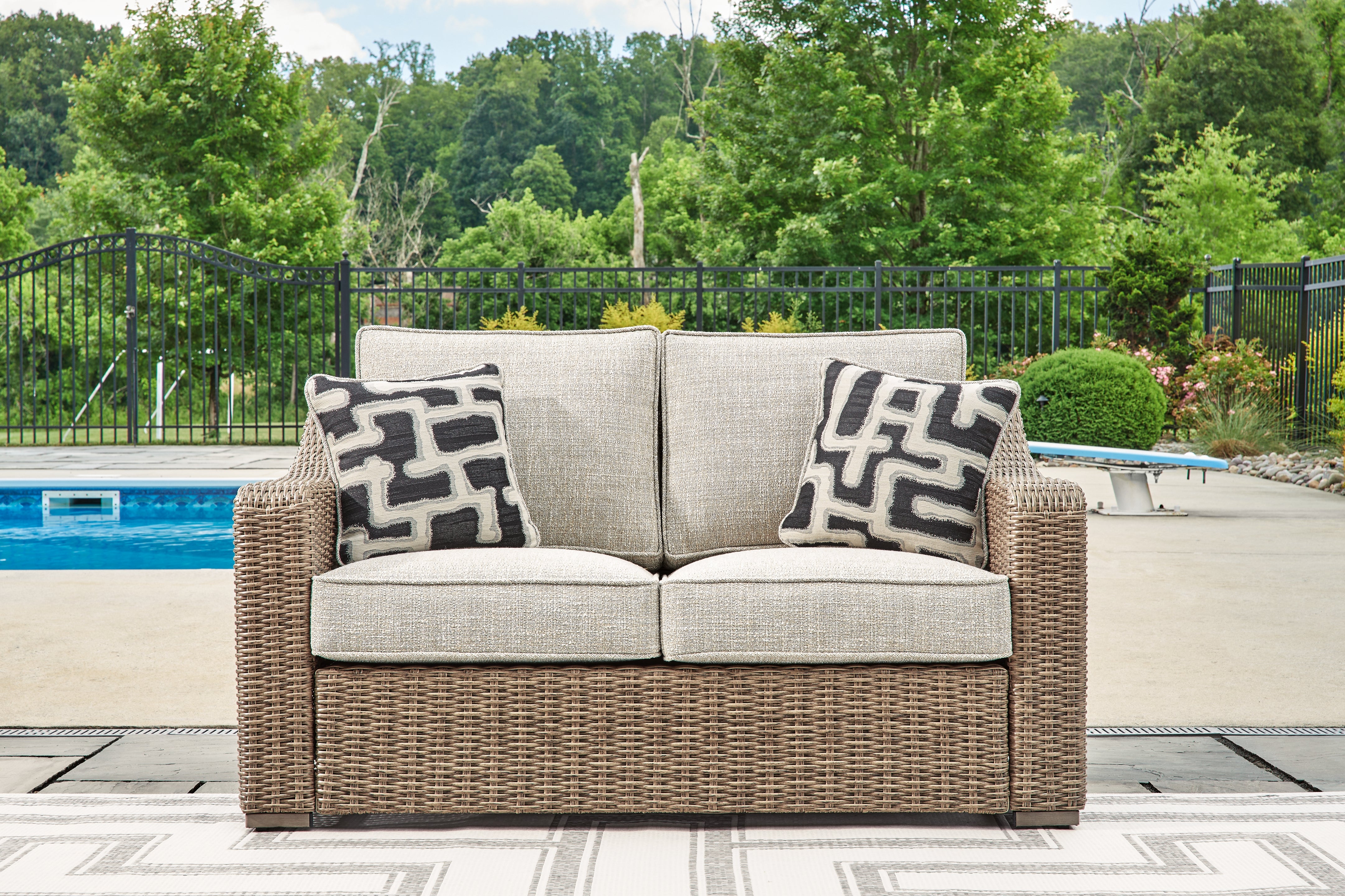 3 Brothers Decor - Ashley Furniture - Beachcroft Outdoor - Loveseat w/Cushion / Beige - P791-835