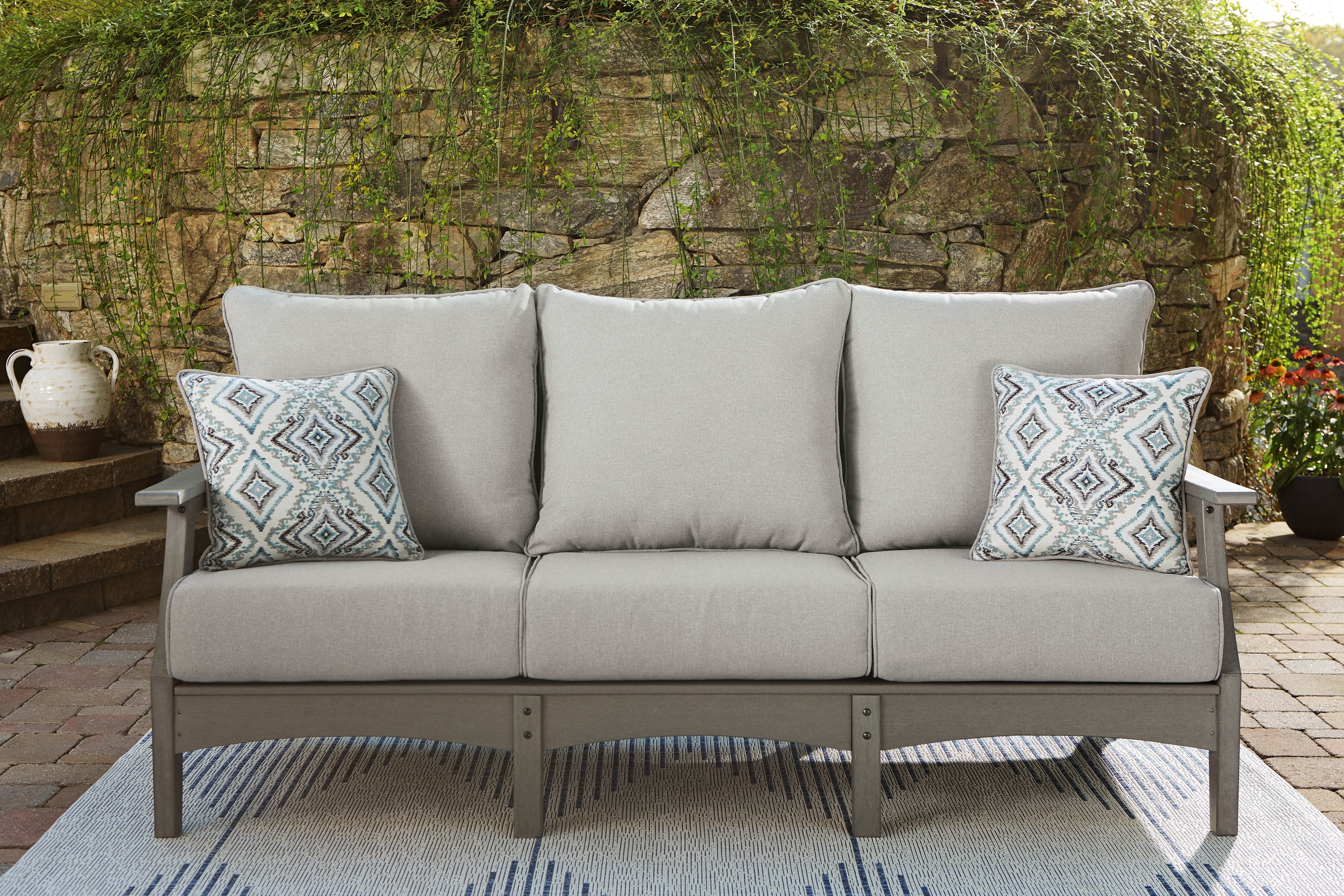 3 Brothers Decor - Ashley Furniture - Visola Outdoor - Sofa with Cushion / Gray - P802-838