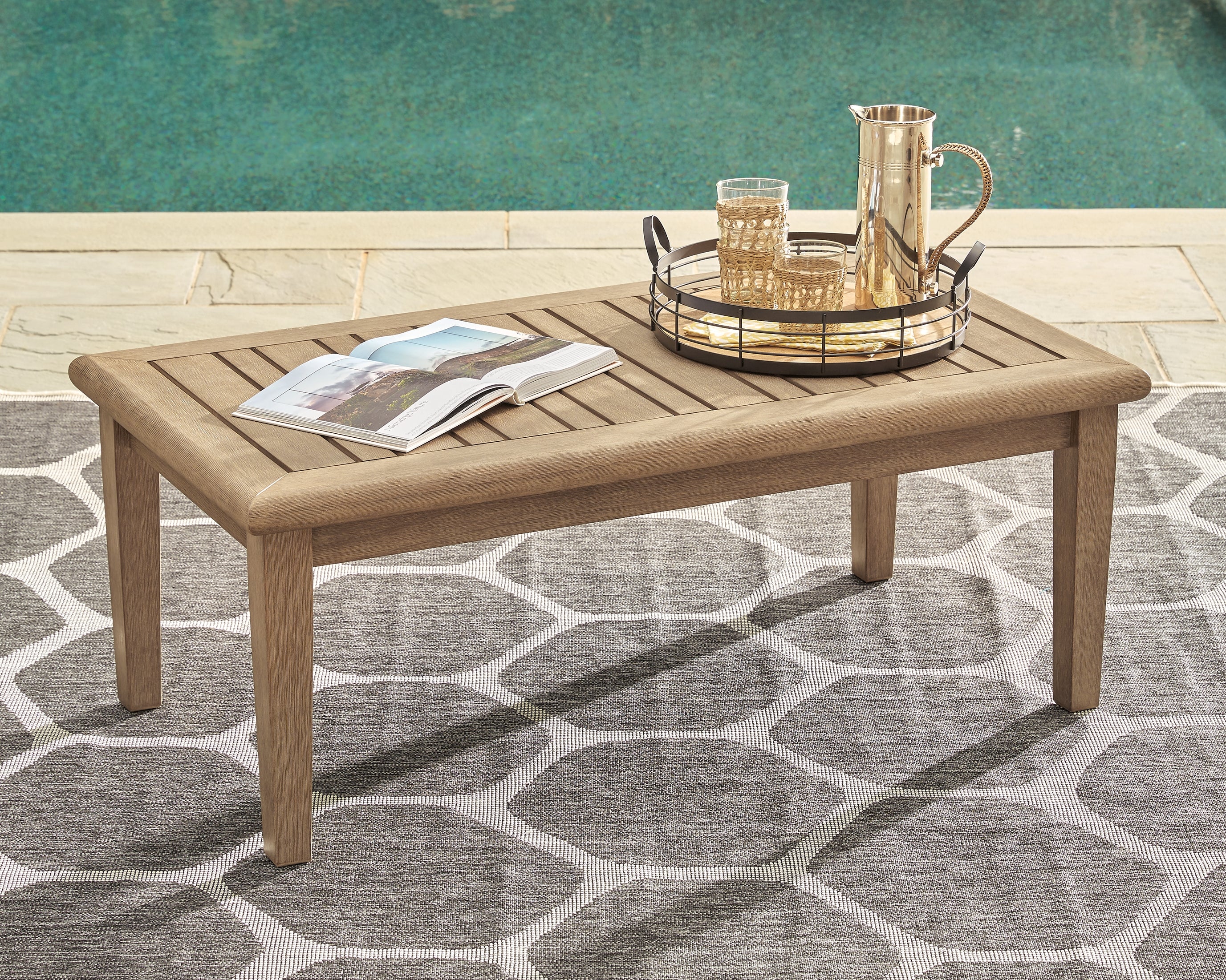 3 Brothers Decor - Ashley Furniture - Gerianne Outdoor - Rectangular Cocktail Table / Grayish Brown - P805-701