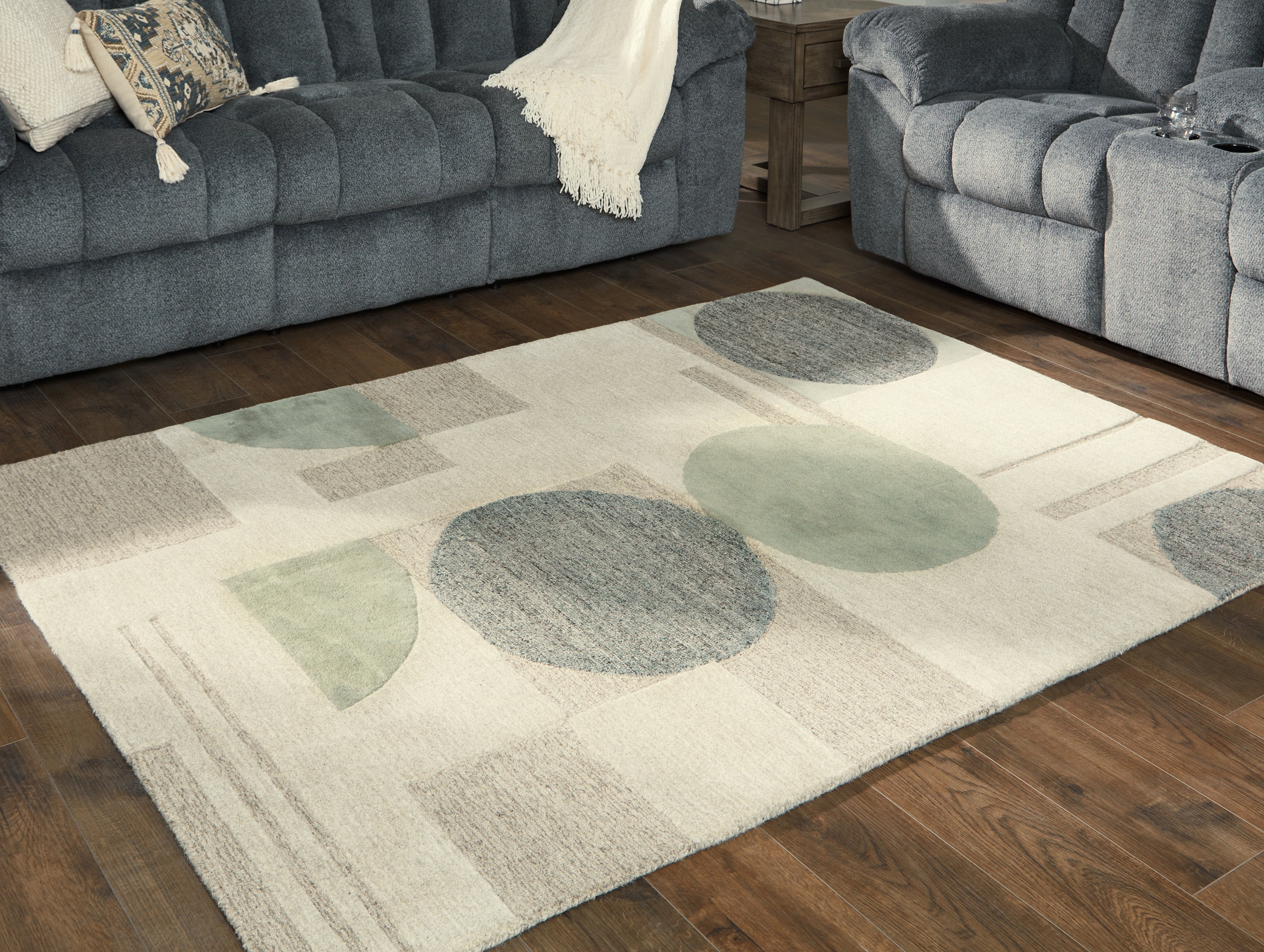 3 Brothers Decor - Ashley Furniture - Dallane Rug - 5' x 7' Rug / Linen/Blue/Green - R406352