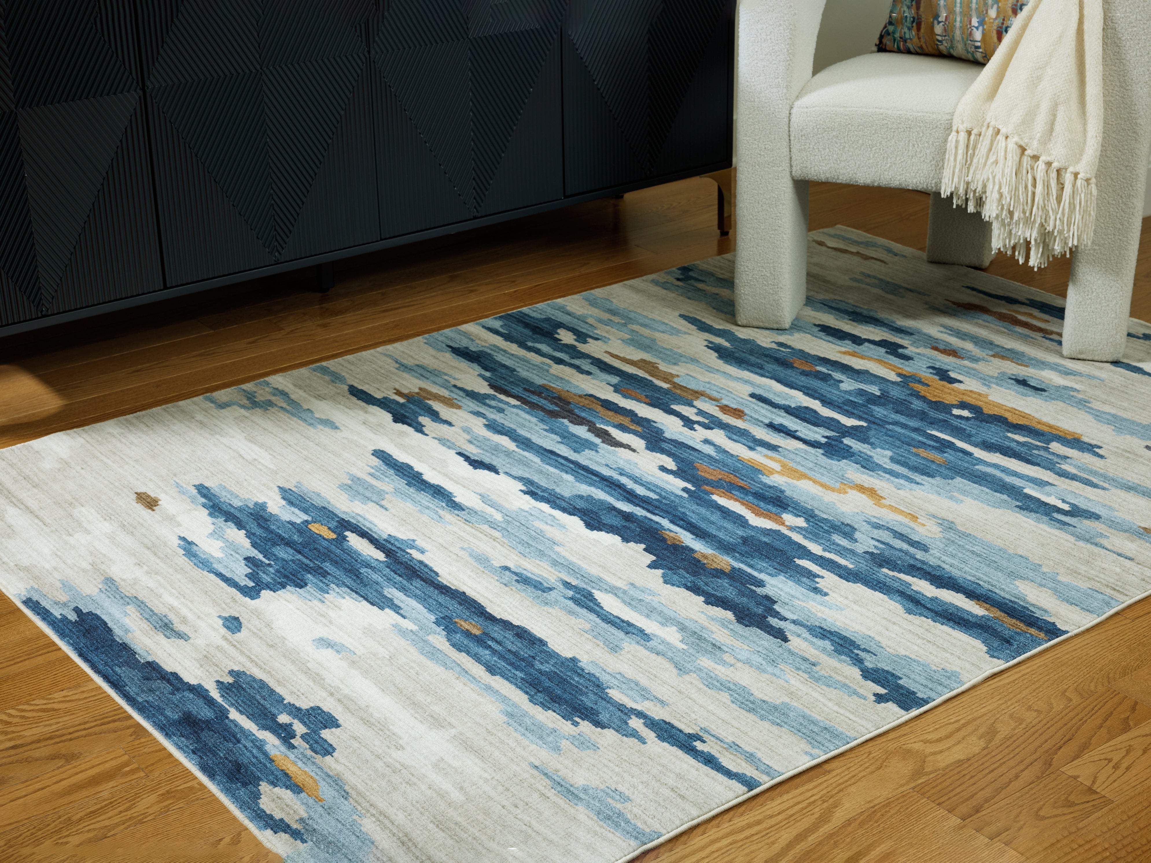 3 Brothers Decor - Ashley Furniture - Vinlett Rug - 8' x 10' Washable Rug / Cream/Blue/Brown - R407041