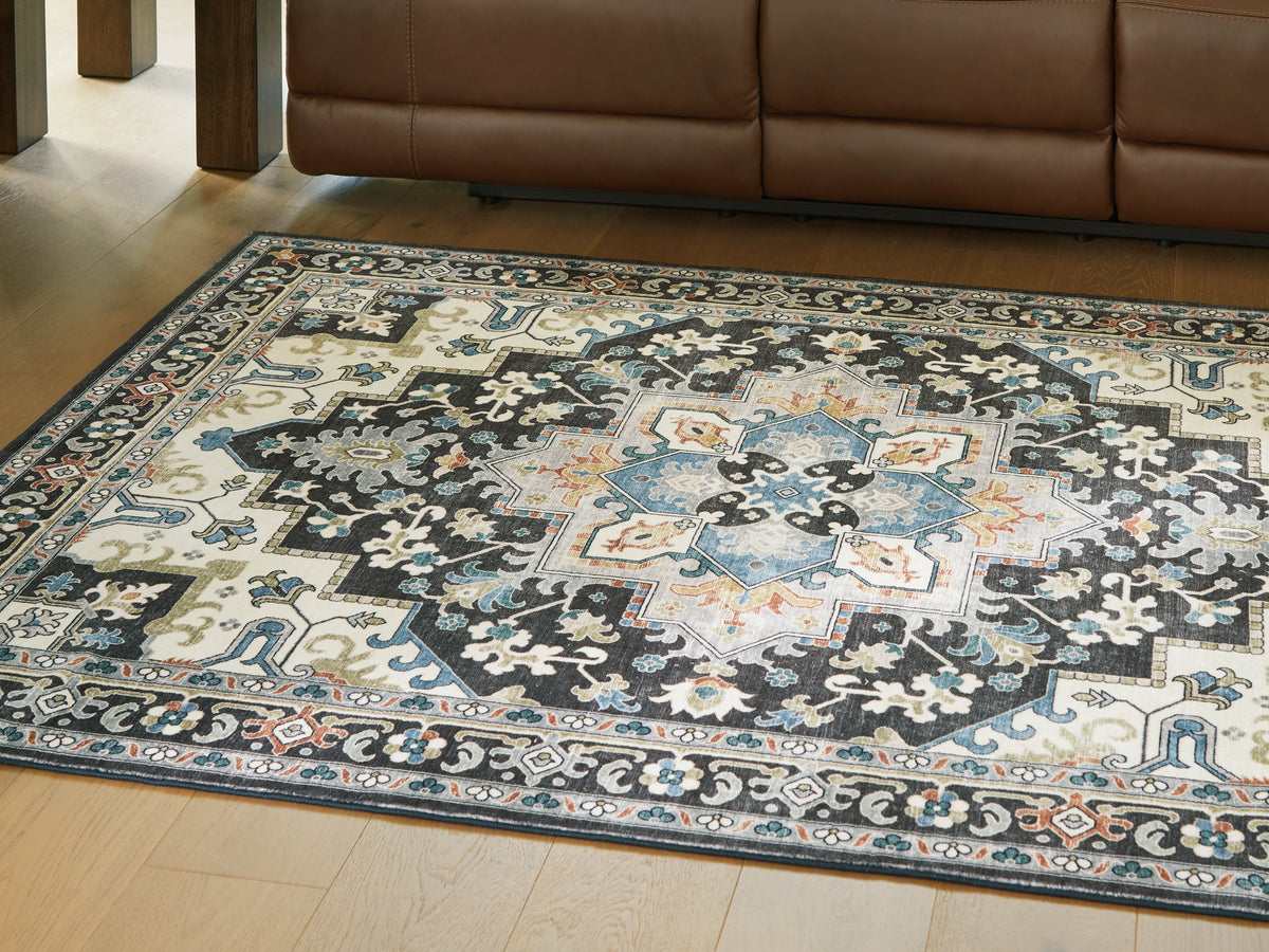 3 Brothers Decor - Ashley Furniture - Leningston Rug - 5' x 7' Washable Rug / Black/Cream/Blue - R407062
