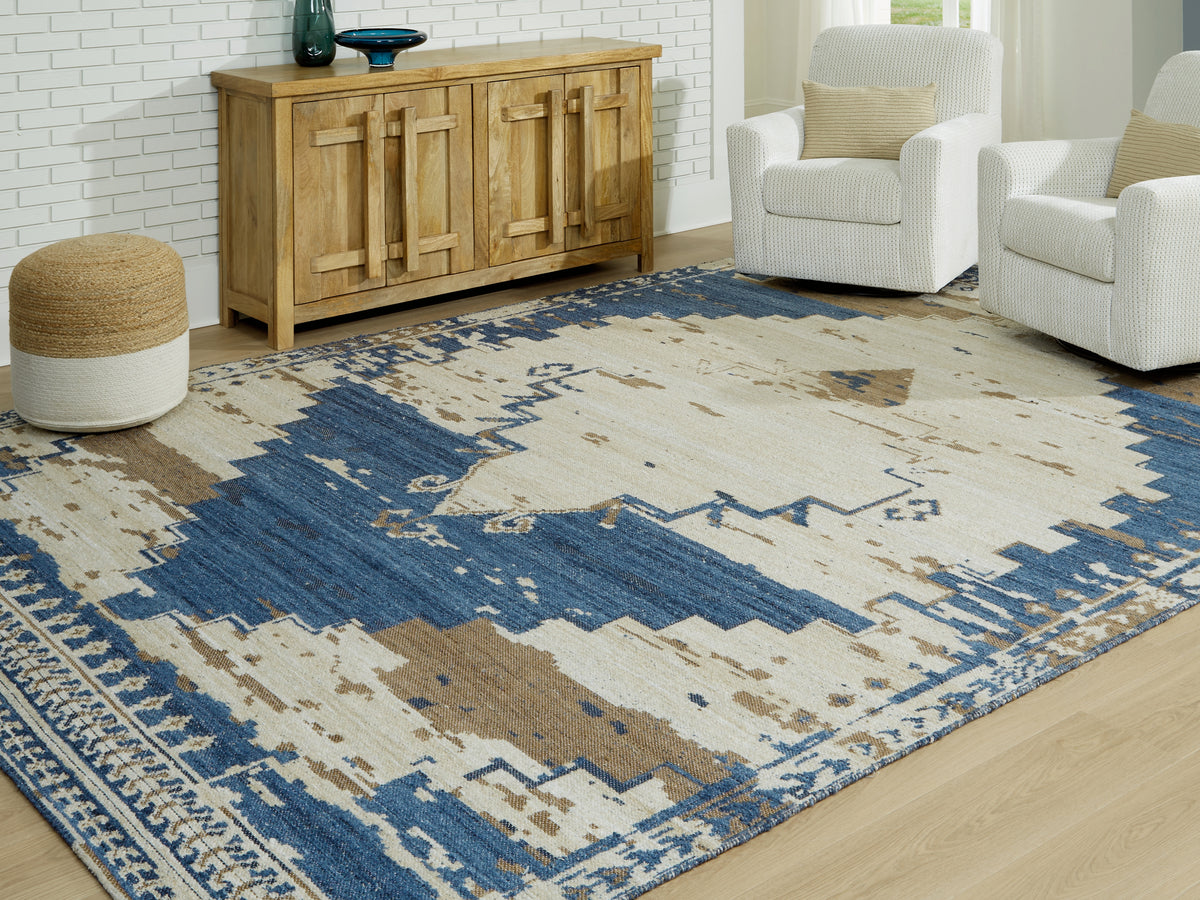 3 Brothers Decor - Ashley Furniture - Varnler Rug - 10' x 14' Rug / Blue/Brown/Tan - R407130