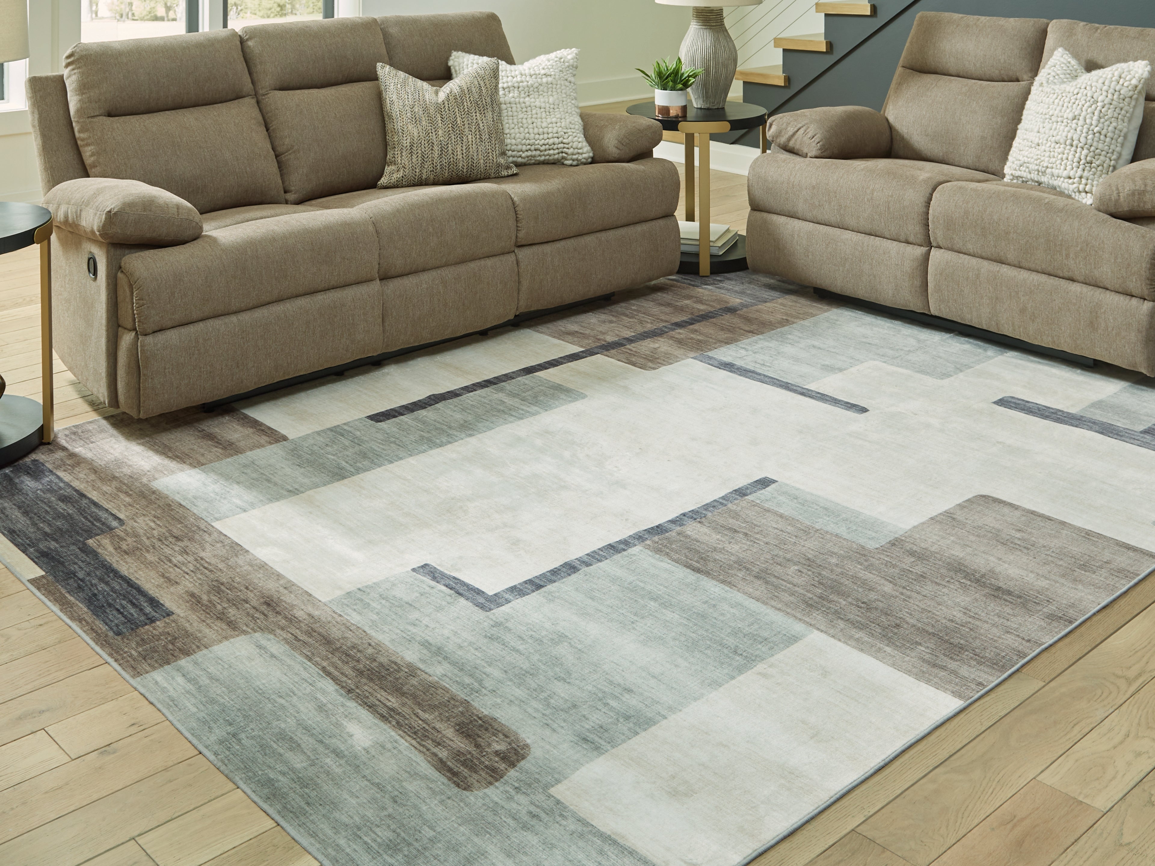 3 Brothers Decor - Ashley Furniture - Larkport Rug - Washable 8' x 10' Area Rug / Cream/Brown/Gray - R407411