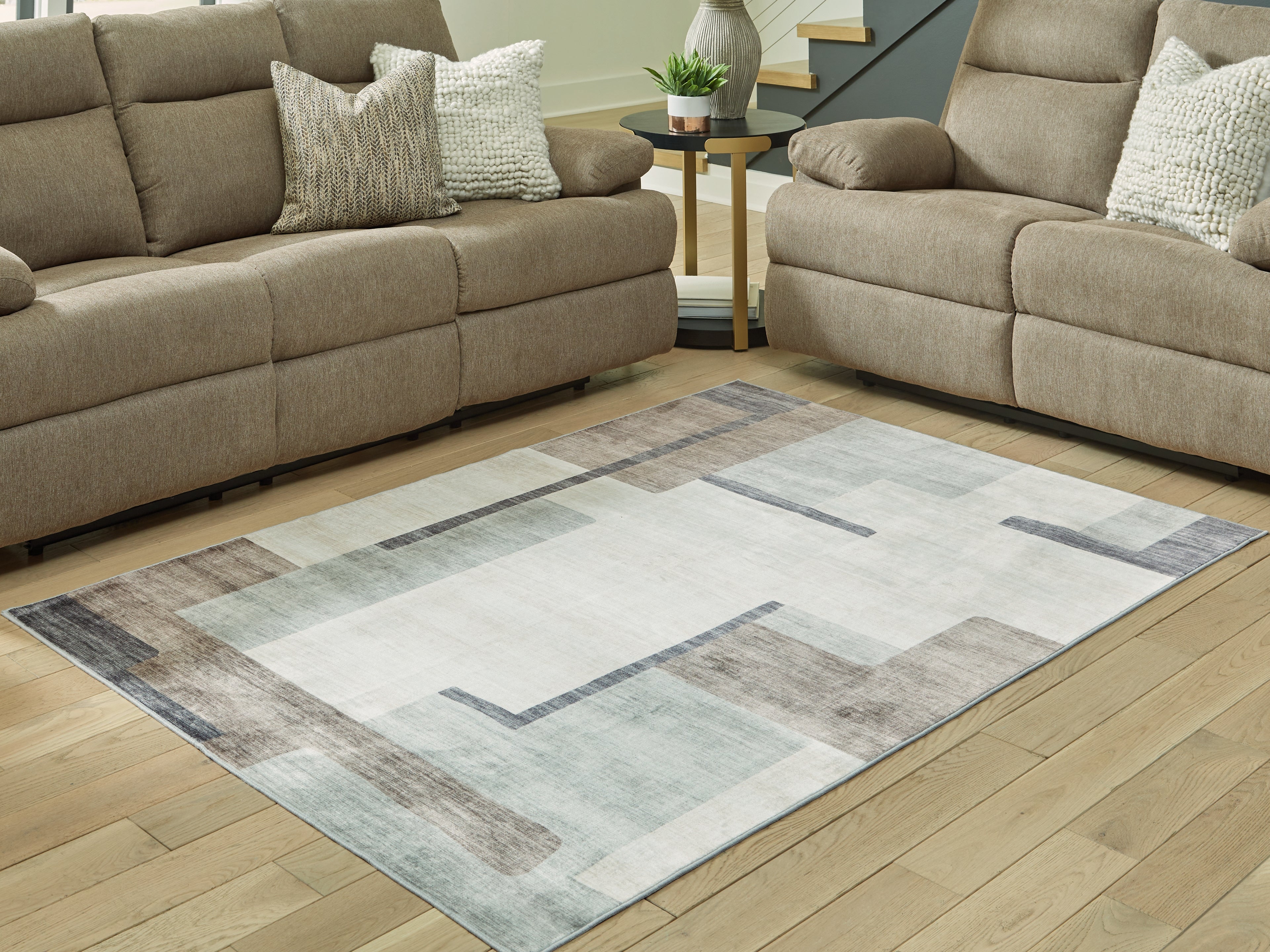 3 Brothers Decor - Ashley Furniture - Larkport Rug - Washable 5' x 7' Area Rug / Cream/Brown/Gray - R407412