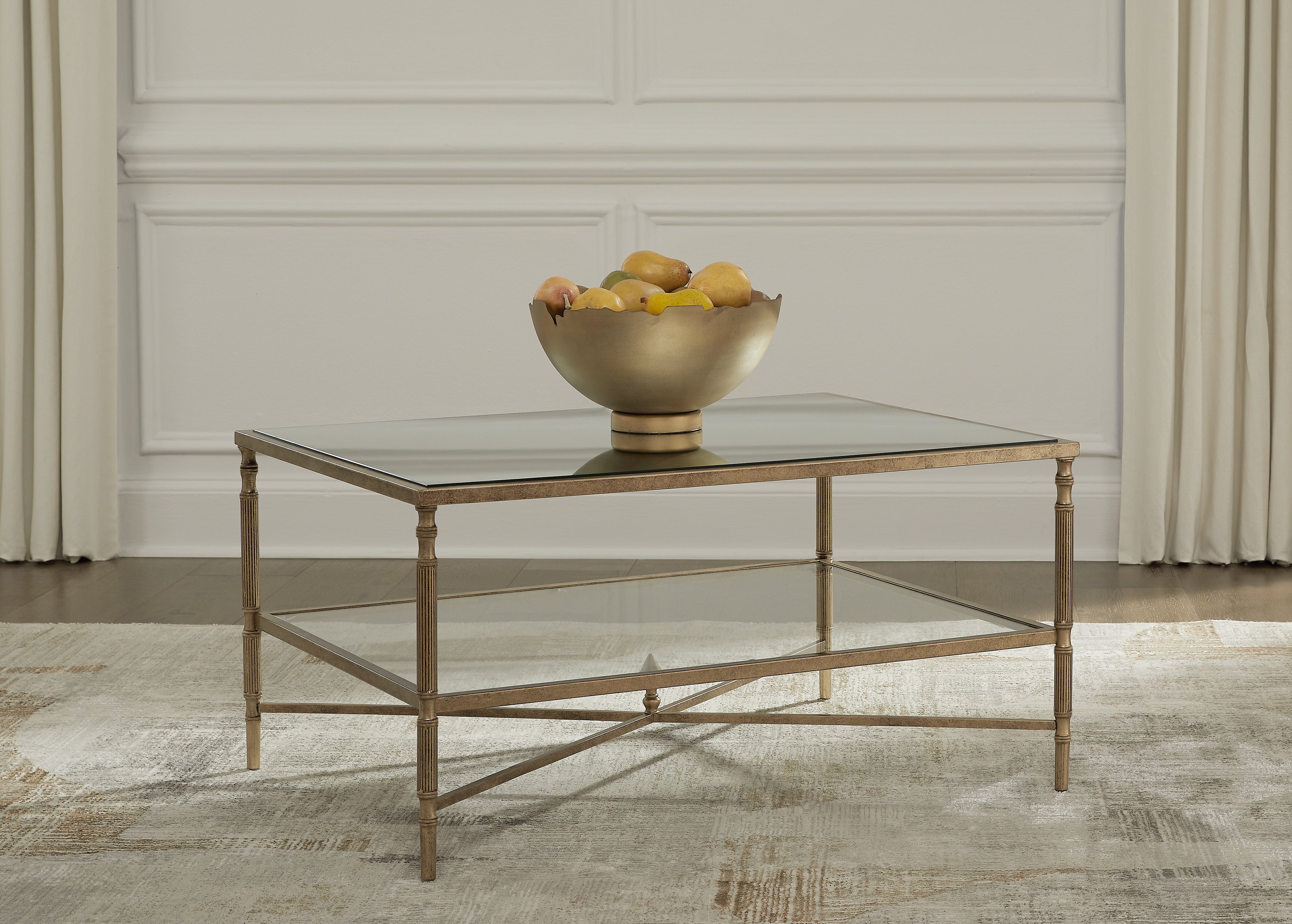 3 Brothers Decor - Ashley Furniture - Cloverty Coffee Table - Rectangular Cocktail Table / Aged Gold Finish - T440-1
