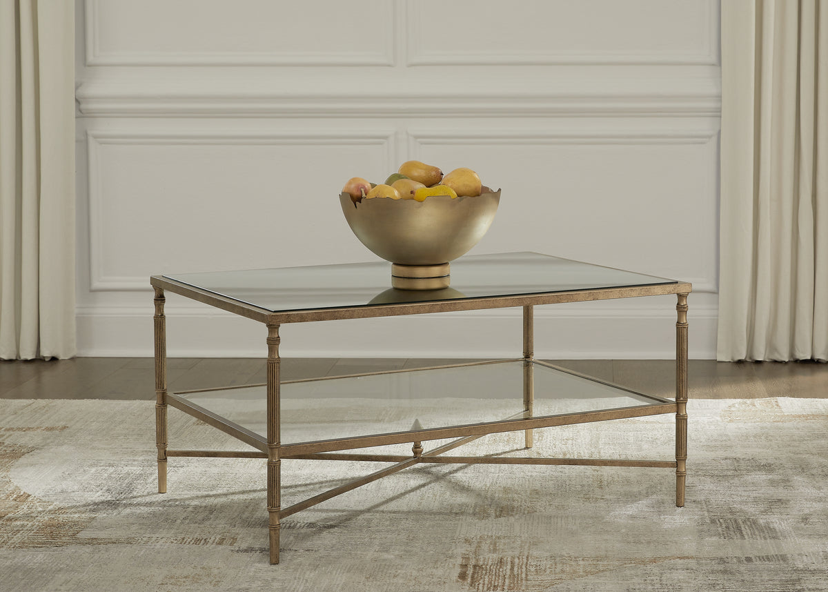3 Brothers Decor - Ashley Furniture - Cloverty Coffee Table - Rectangular Cocktail Table / Aged Gold Finish - T440-1