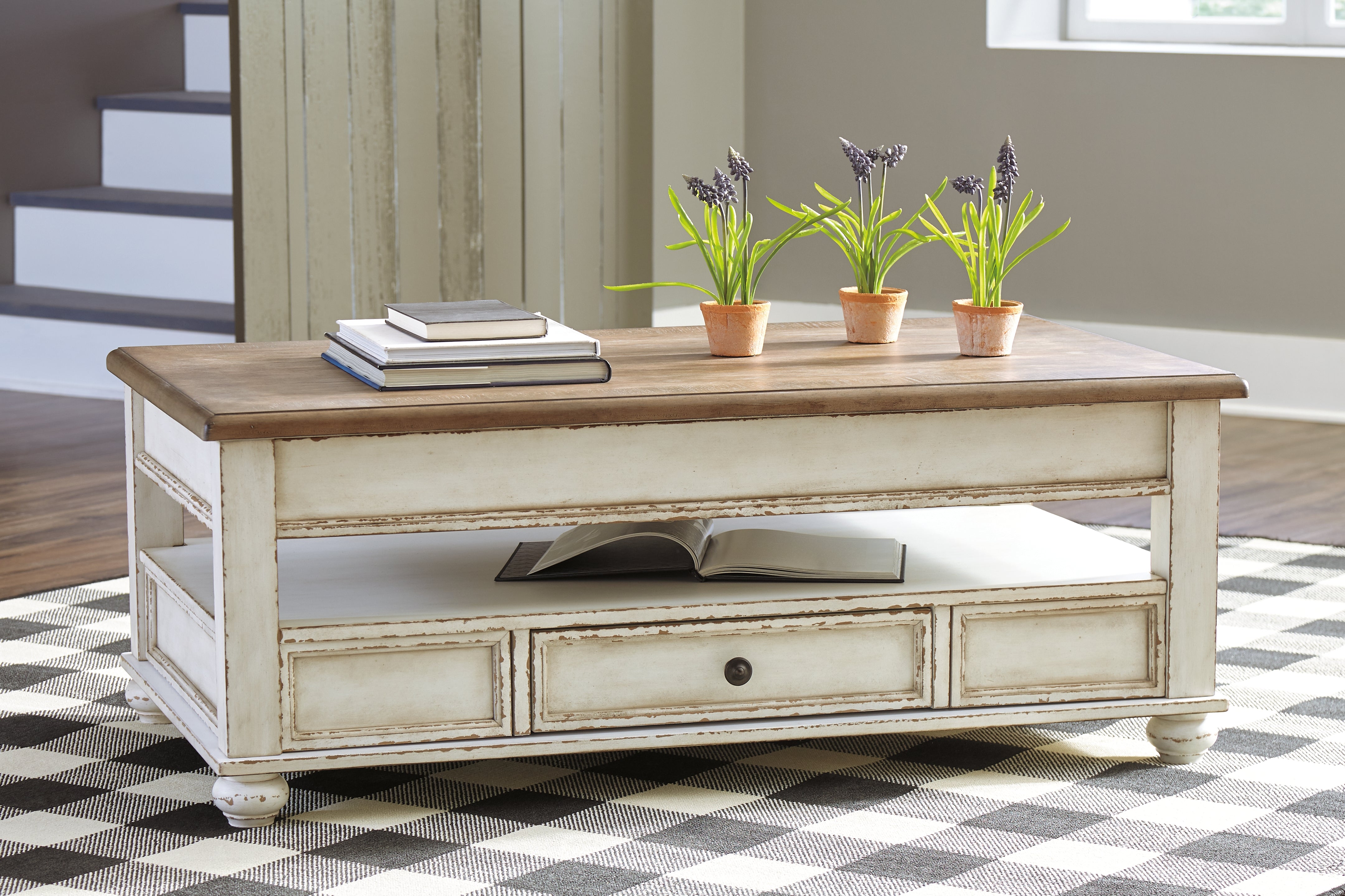 3 Brothers Decor - Ashley Furniture - Realyn Coffee Table with Lift Top - Lift Top Cocktail Table / White/Brown - T523-9