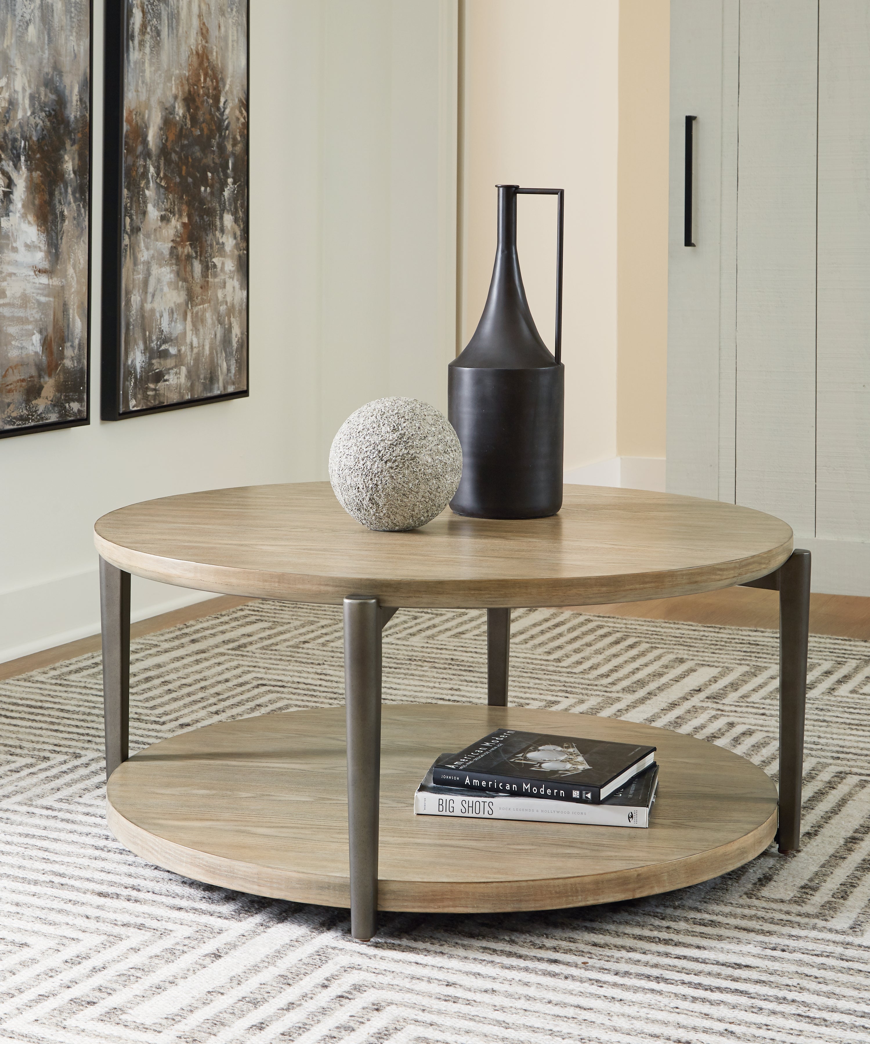 3 Brothers Decor - Ashley Furniture - Dyonton Coffee Table - Round Cocktail Table / Light Grayish Brown - T574-8