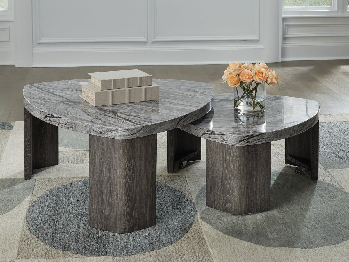 3 Brothers Decor - Ashley Furniture - Surmour Stacked Coffee Table - Stacked Cocktail Table / Gray/Brown - T600-0