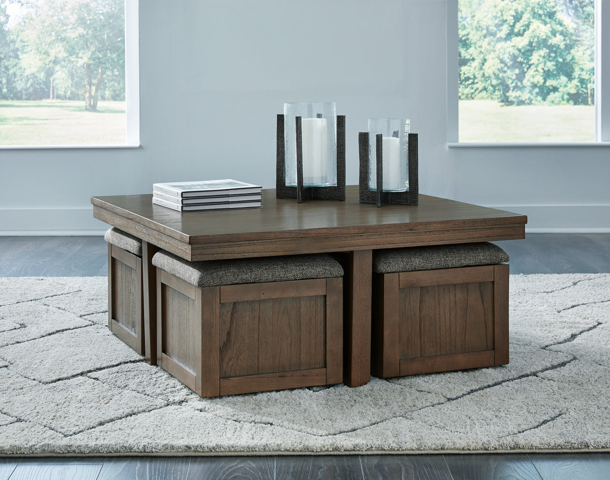 3 Brothers Decor - Ashley Furniture - Boardernest Coffee Table with 4 Stools - Cocktail TBL w/4 Stools (5/CN) / Brown - T738-20