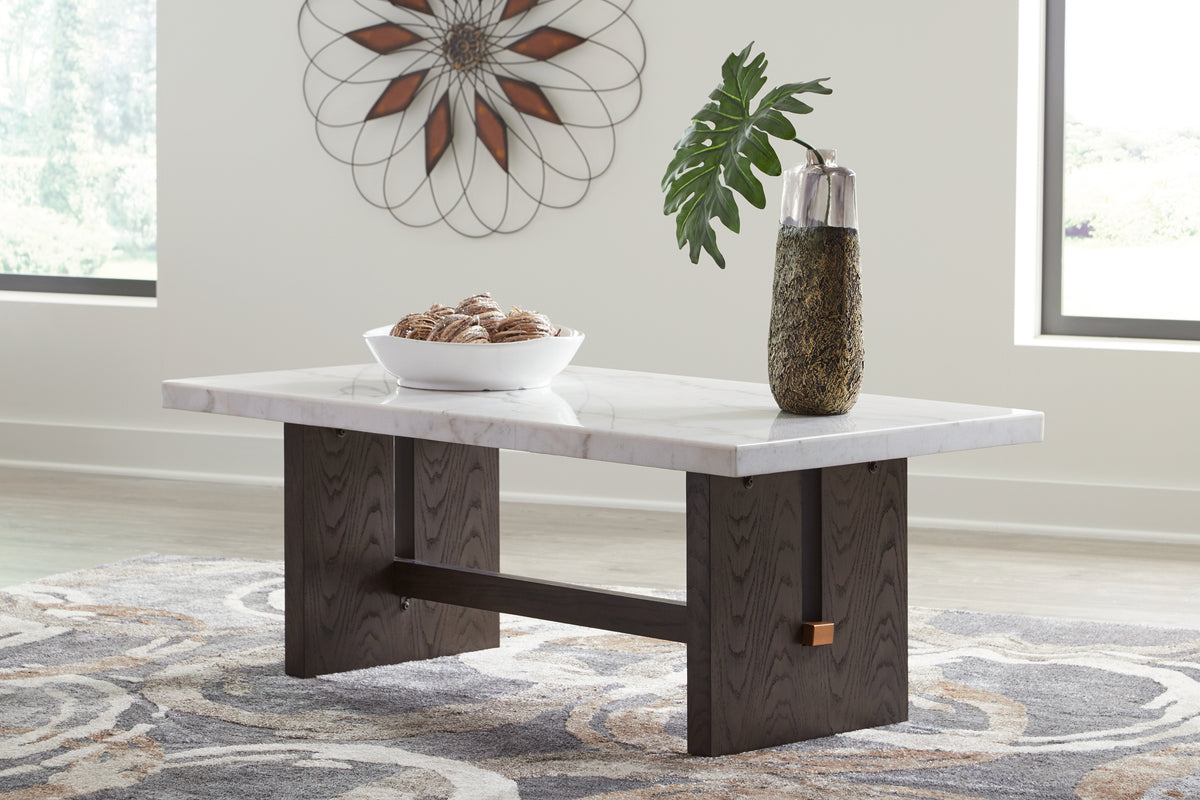3 Brothers Decor - Ashley Furniture - Burkhaus Coffee Table - Rectangular Cocktail Table / White/Dark Brown - T779-1