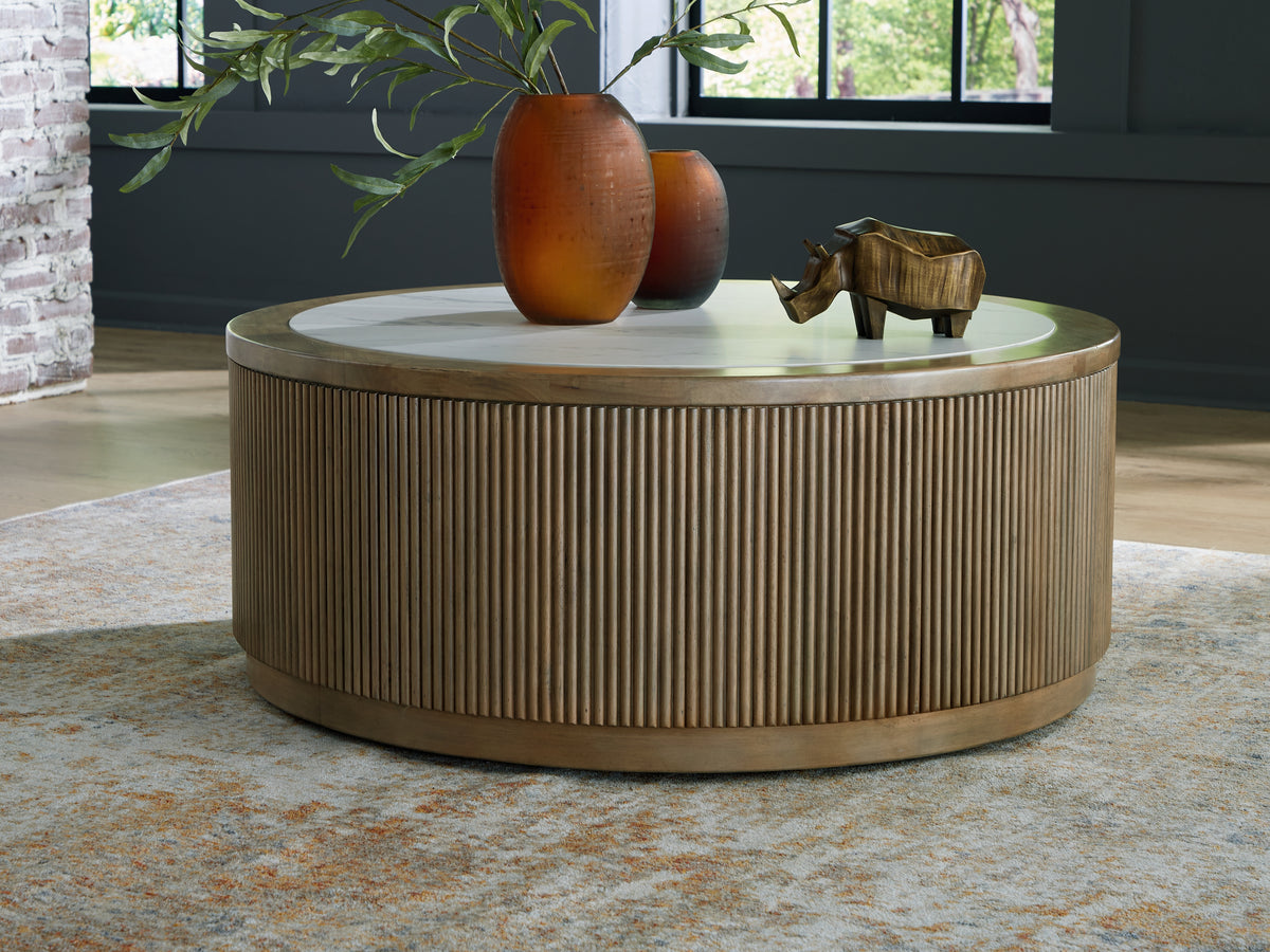 3 Brothers Decor - Ashley Furniture - Camdill Coffee Table - Round Cocktail Table / Light Brown/White - T808-8